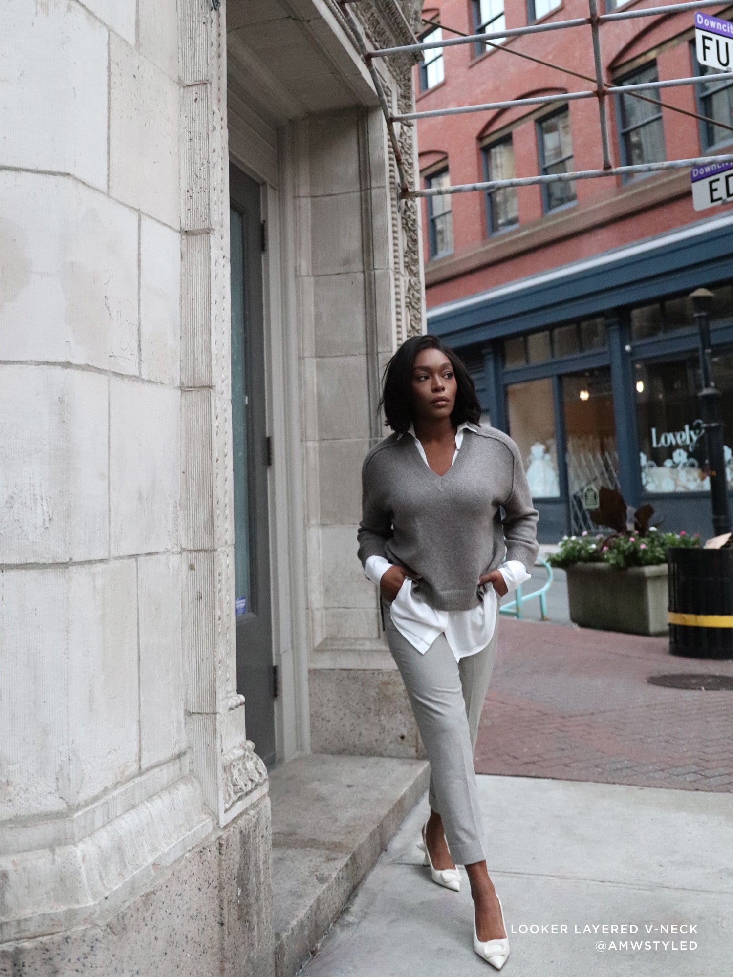 looker heather taupe grey layered v-neck sweater full view 2