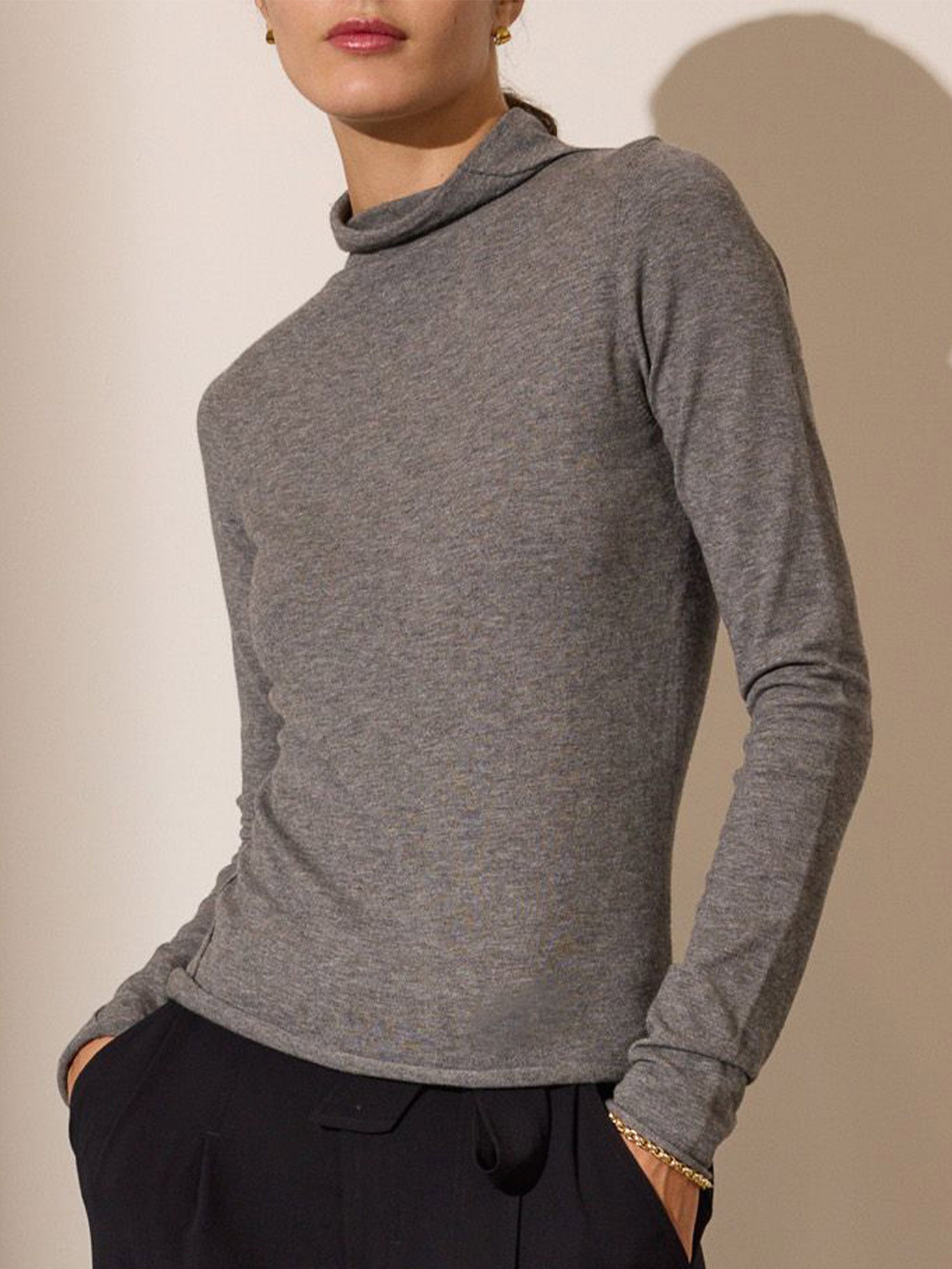 Anika grey mock neck top front view 