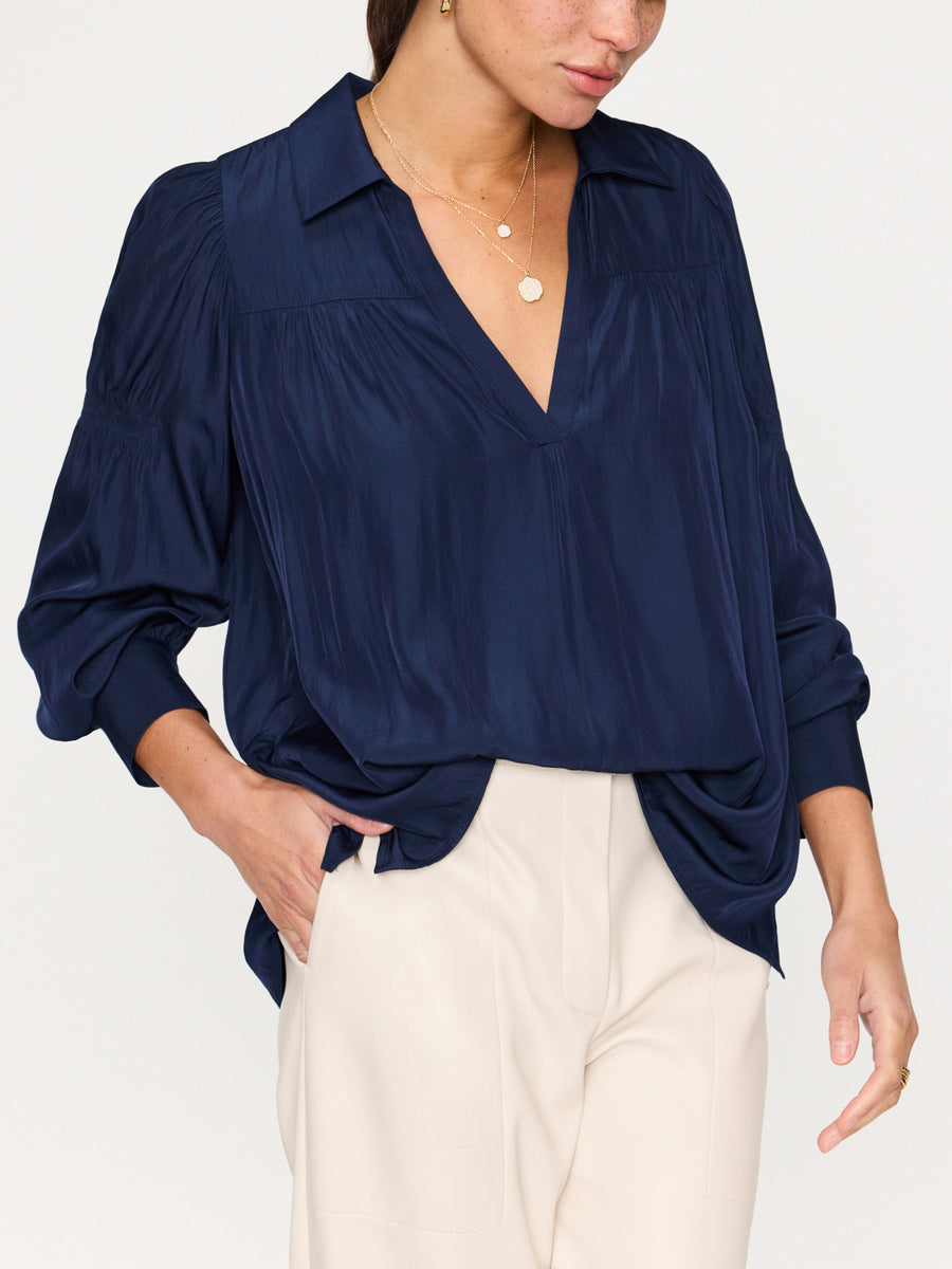 Anson navy v-neck blouse front view 2