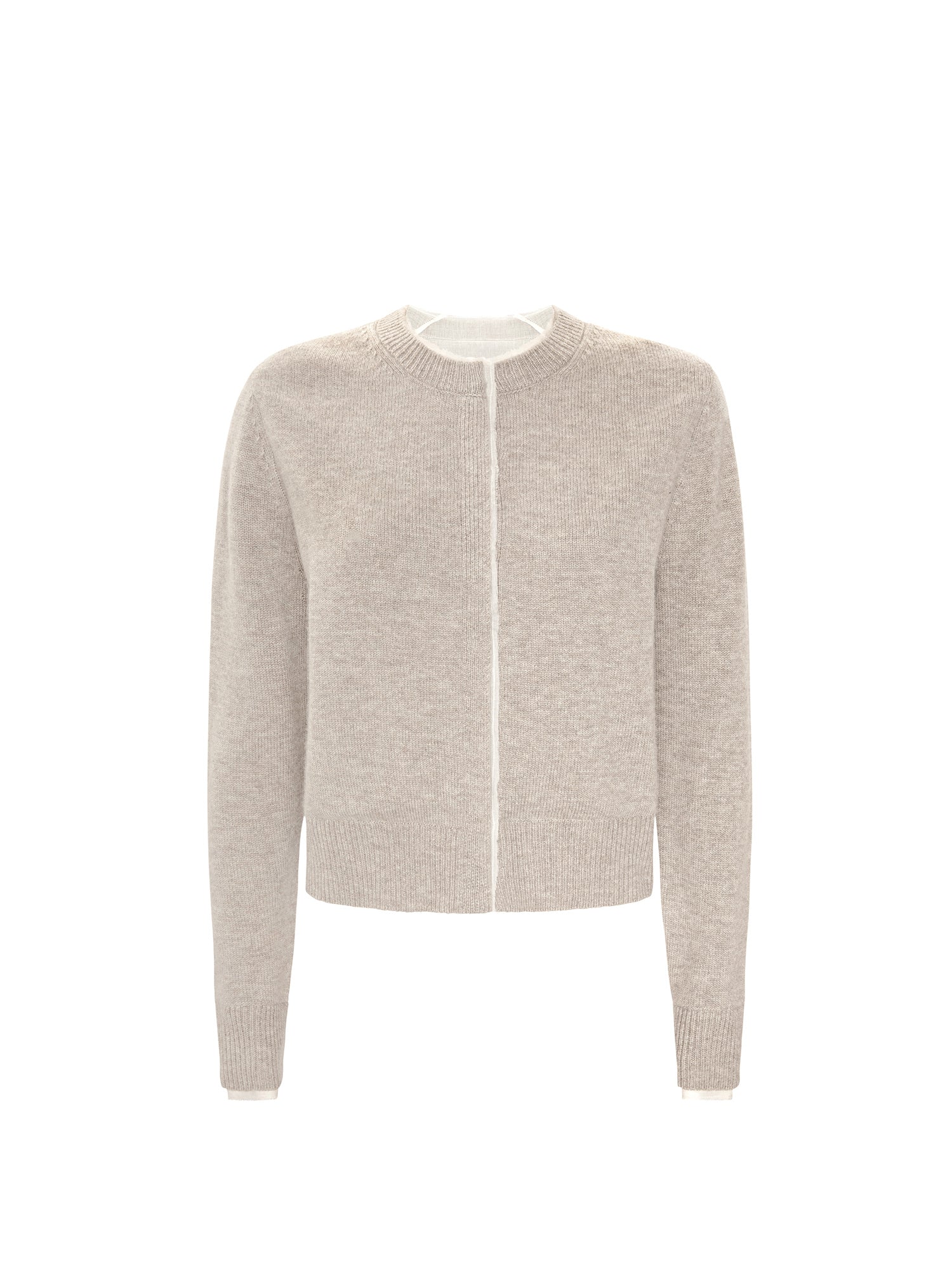Archie layered cardigan in gravel stone melange, a knit crewneck sweater with a front zipper, shown flat on a white background.