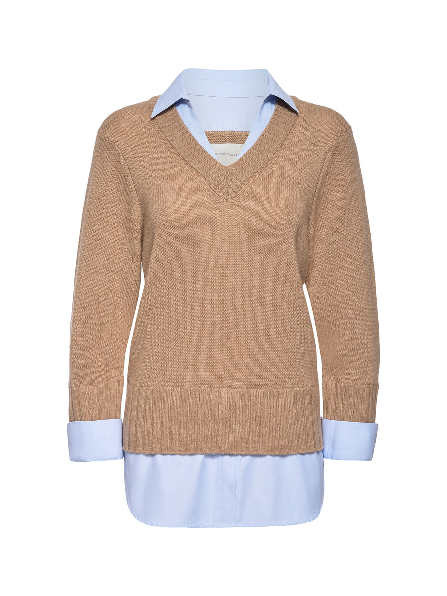 Arden tan with blue oxford layered v-neck sweater flat view