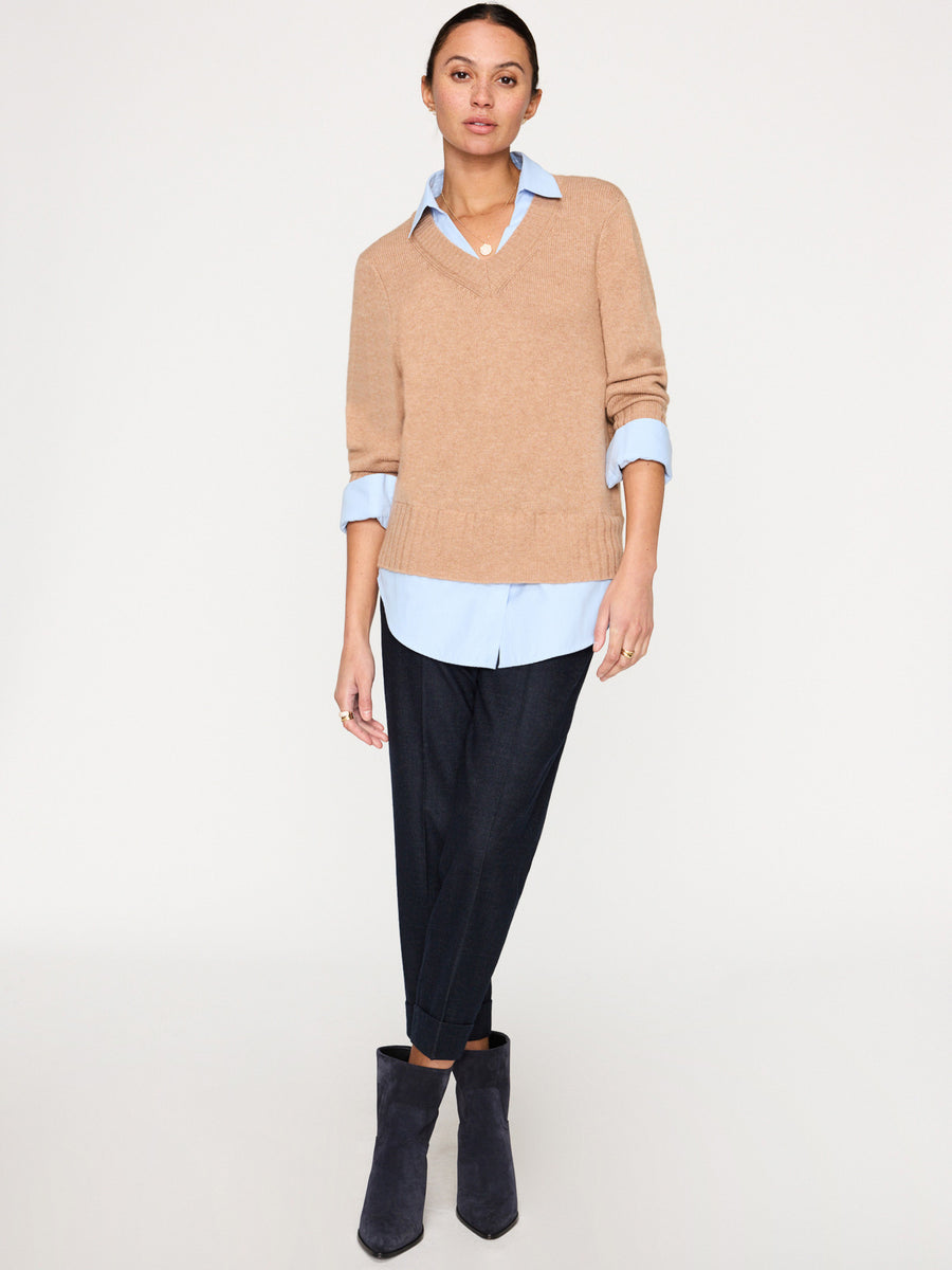 Arden tan with blue oxford layered v-neck sweater full view