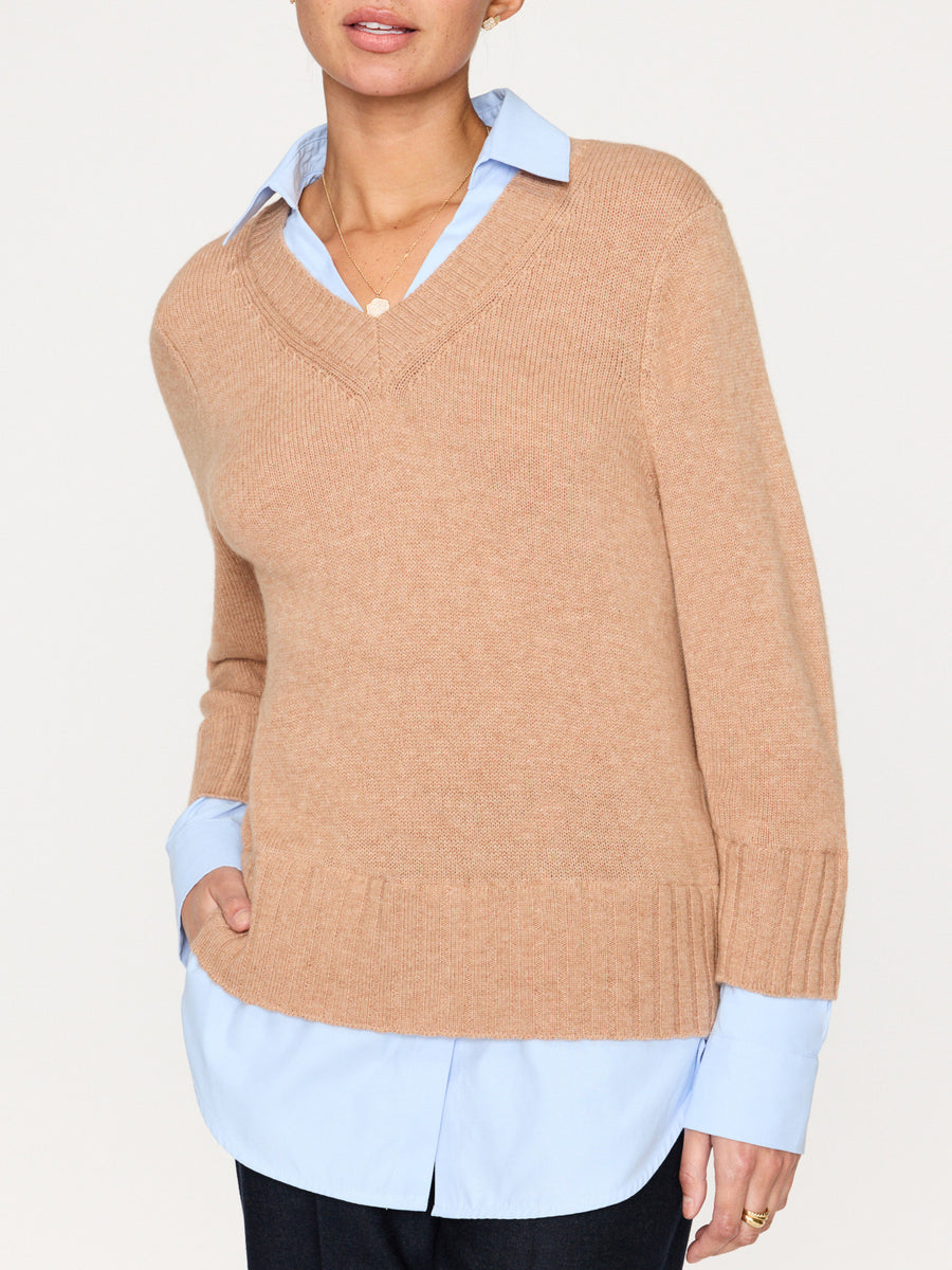 Arden tan with blue oxford layered v-neck sweater front view 2