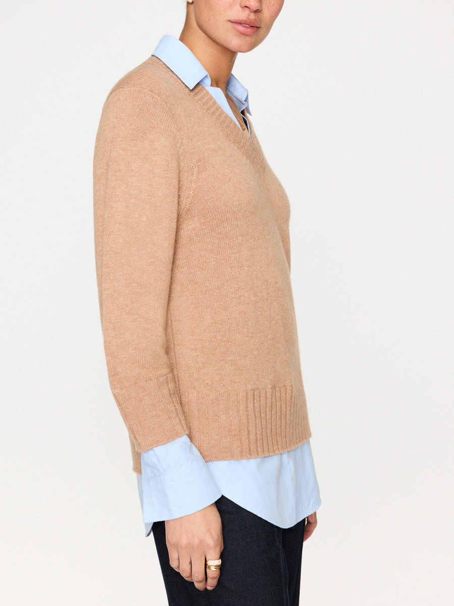 Arden tan with blue oxford layered v-neck sweater side view