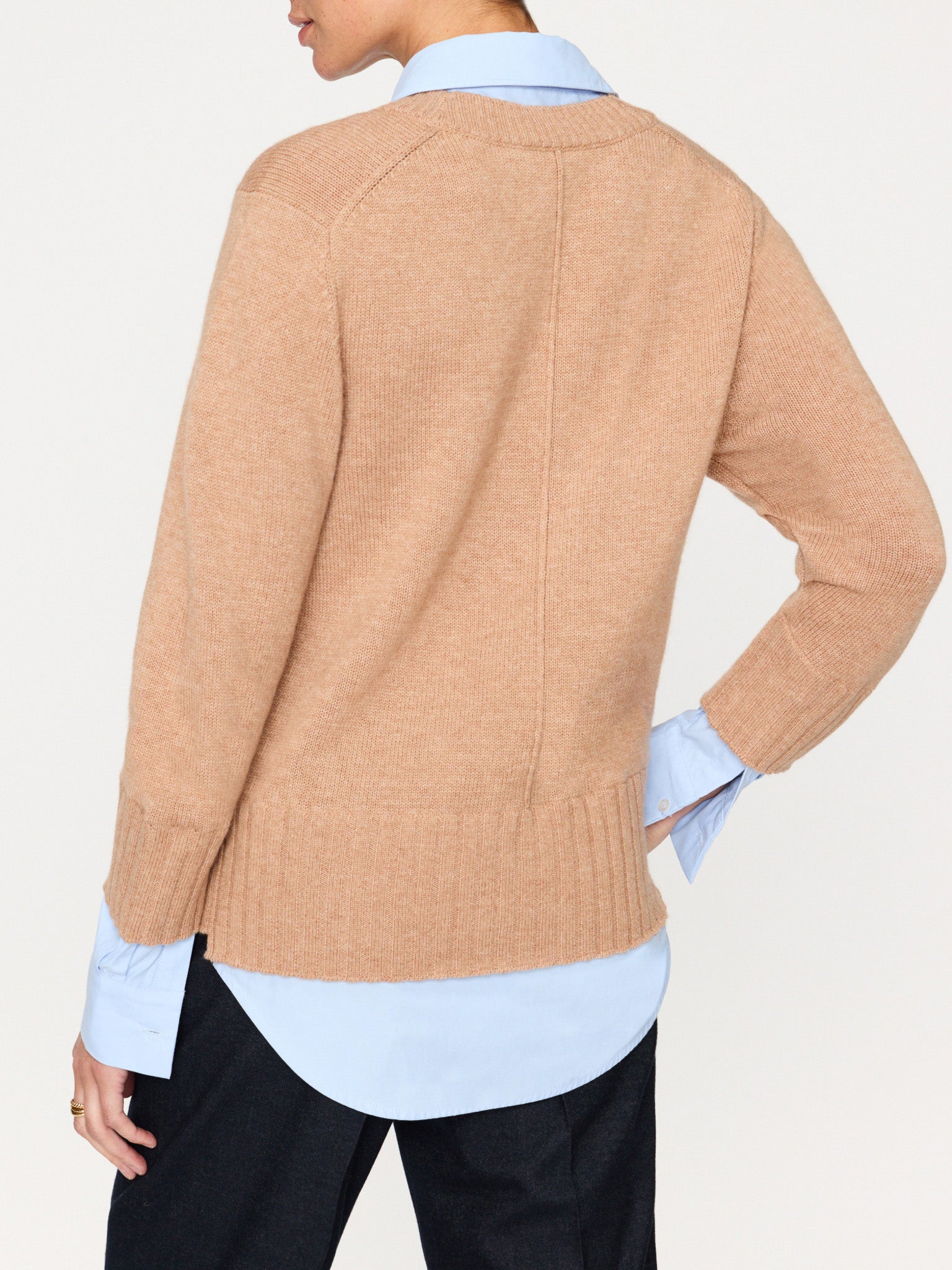 Arden tan with blue oxford layered v-neck sweater back view