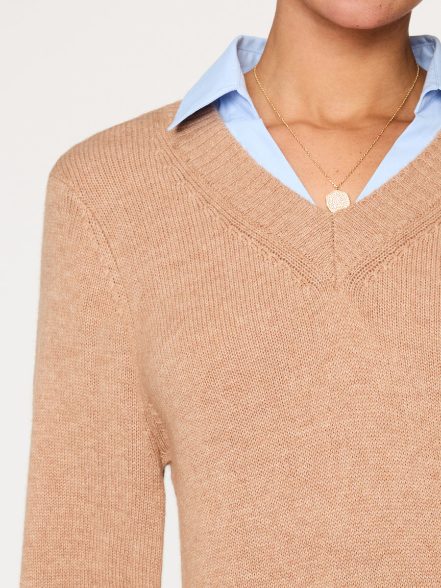 Arden tan with blue oxford layered v-neck sweater close up 2