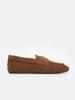 Profile side view of a tan suede loafer showing the low, rounded silhouette on a white background.