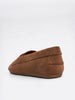 Side view of a tan suede loafer showing the heel and stitching on a white background.