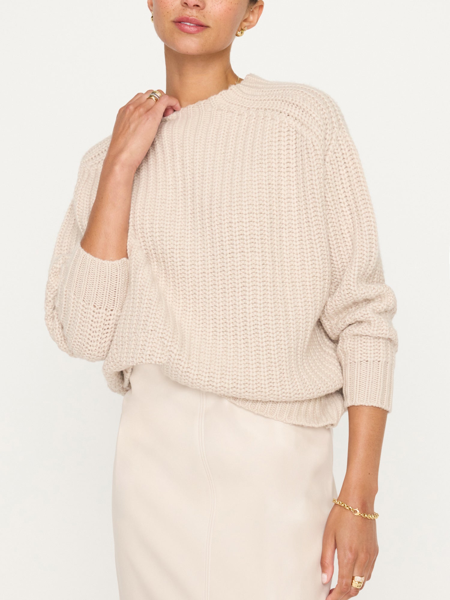 Beckett beige ribbed crewneck pullover sweater front view 2