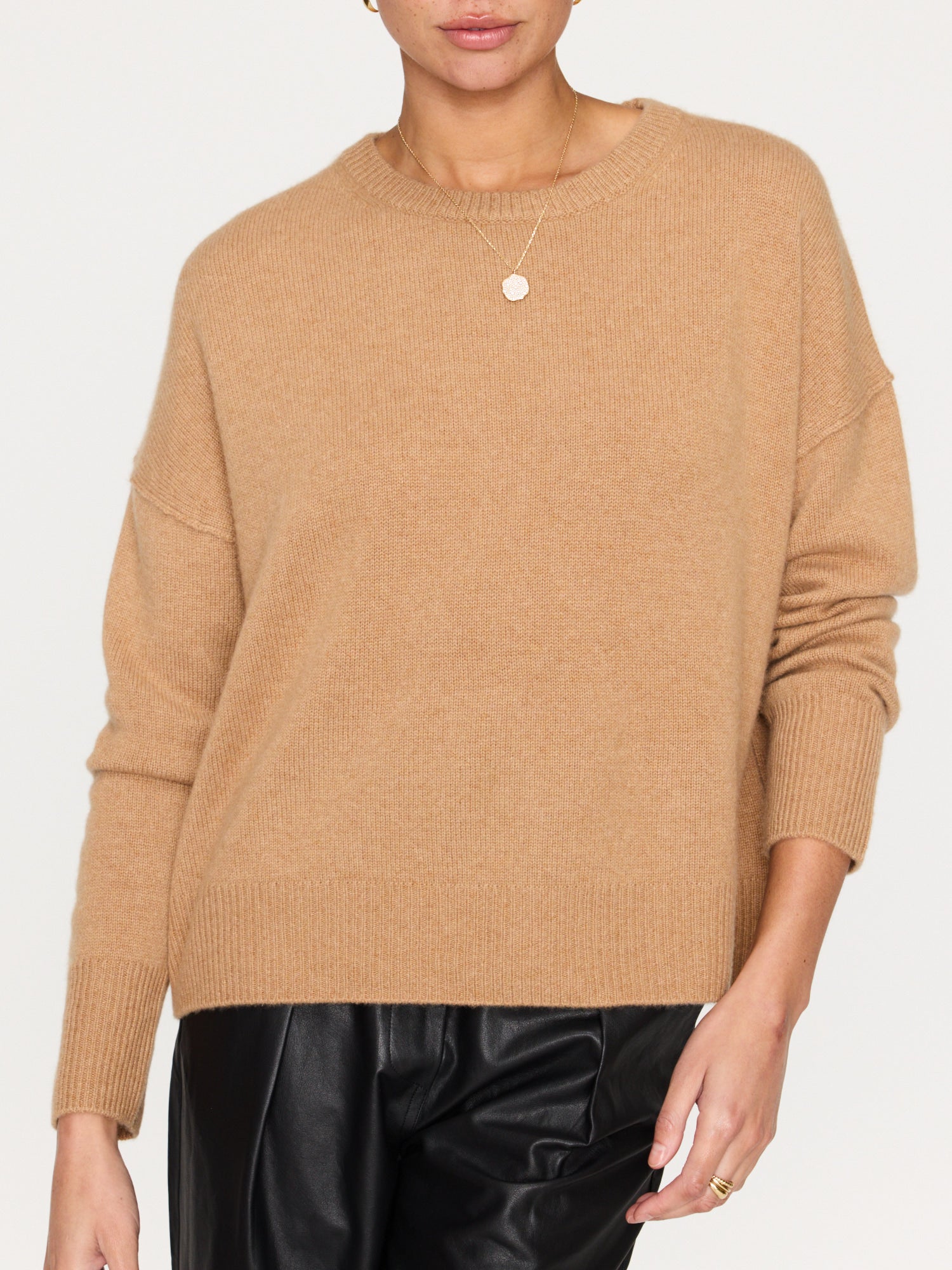 Everyday cashmere crewneck tan sweater front view 2