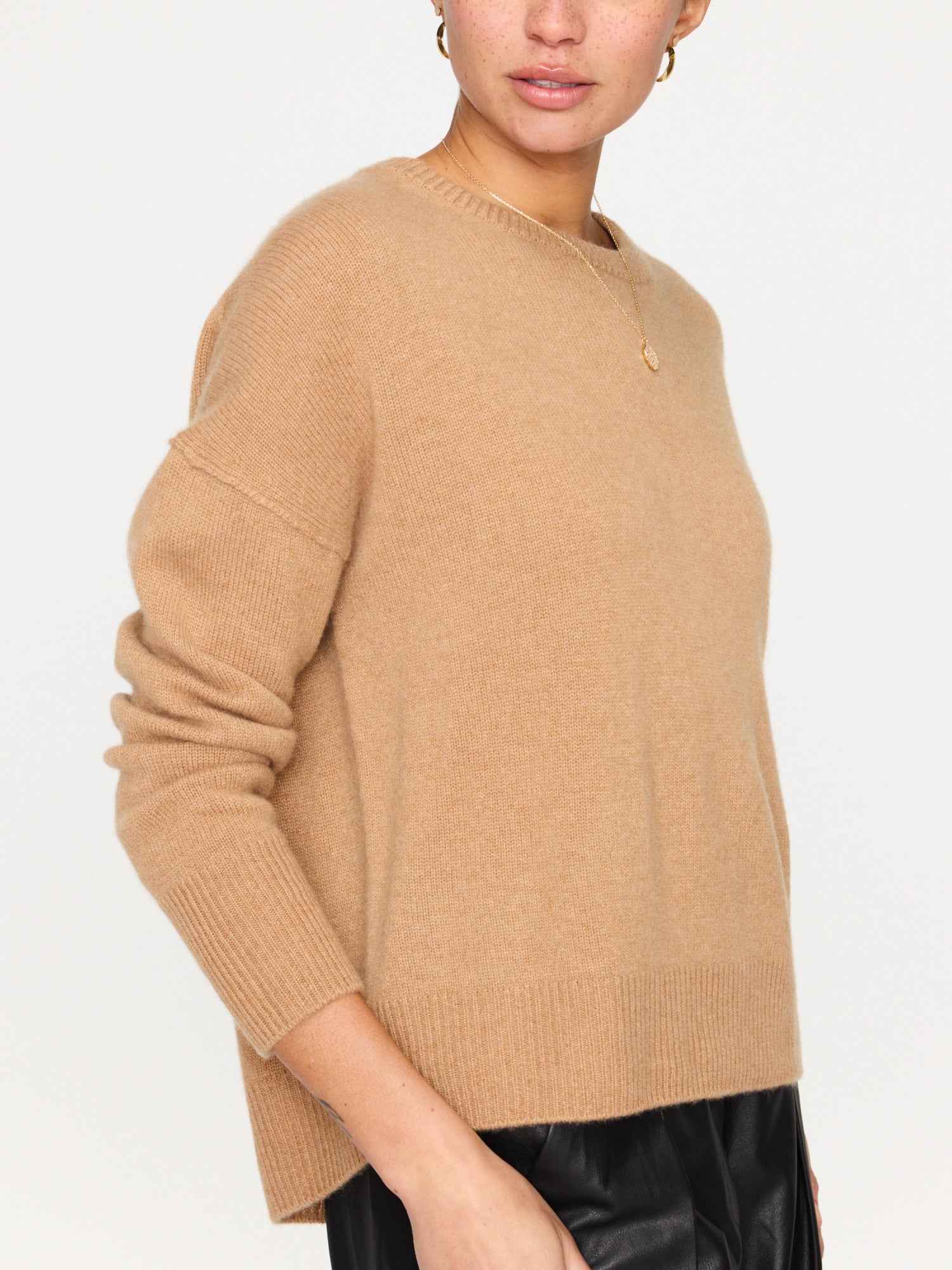 Everyday cashmere crewneck tan sweater side view