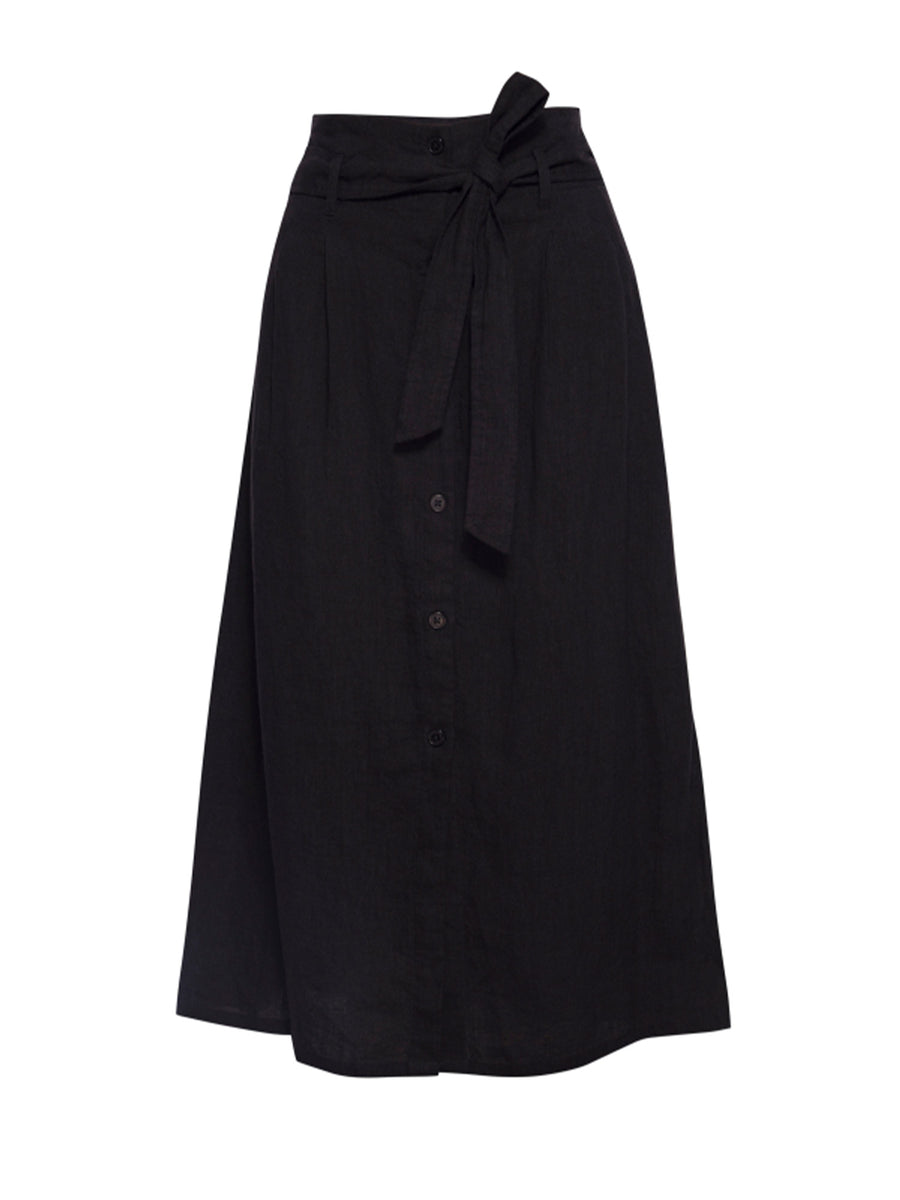 Teagan black belted button front midi skirt flat view