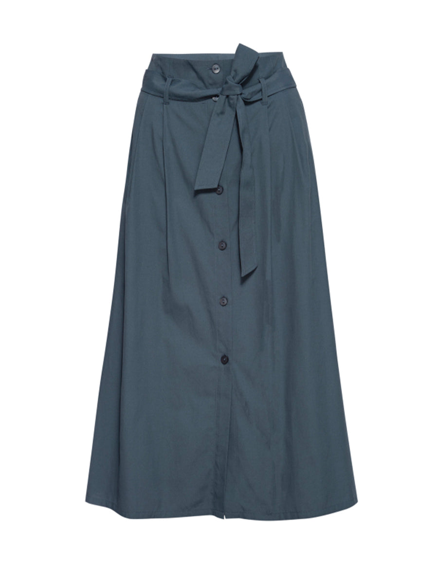 Teagan blue gray belted button front midi skirt flat view