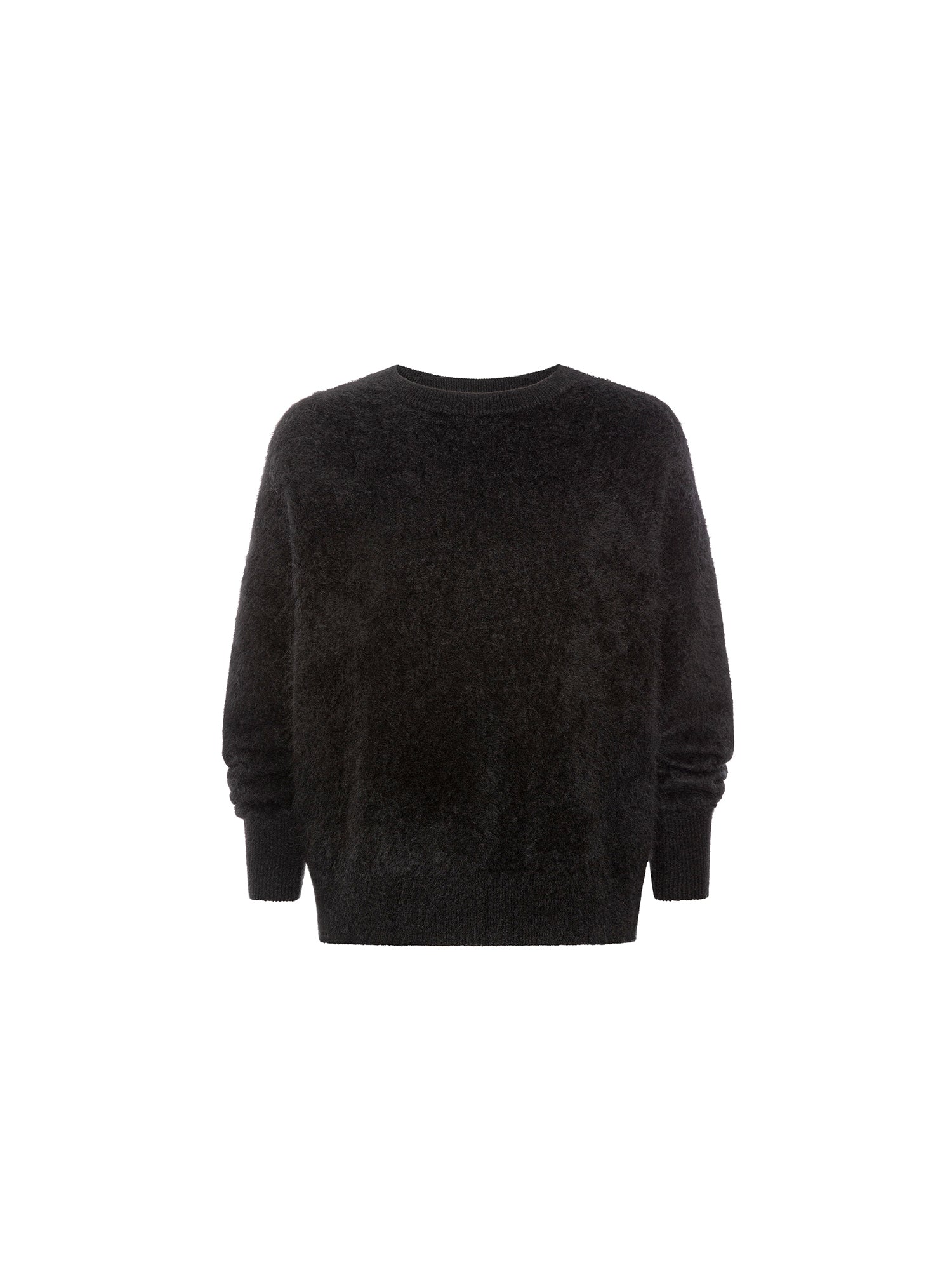 Black brushed cashmere crewneck sweater laid flat, product view
