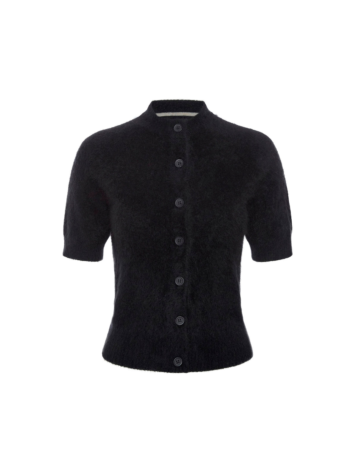 Woman wearing a black short sleeve button front cardigan in a soft brushed knit with a black croc embossed leather skirt