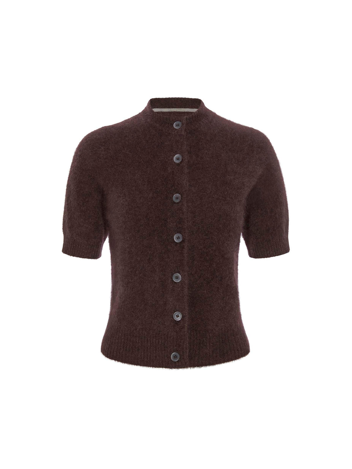 Women's brown cashmere cardigan with short sleeves and dark buttons, worn with a black skirt and a gold bracelet