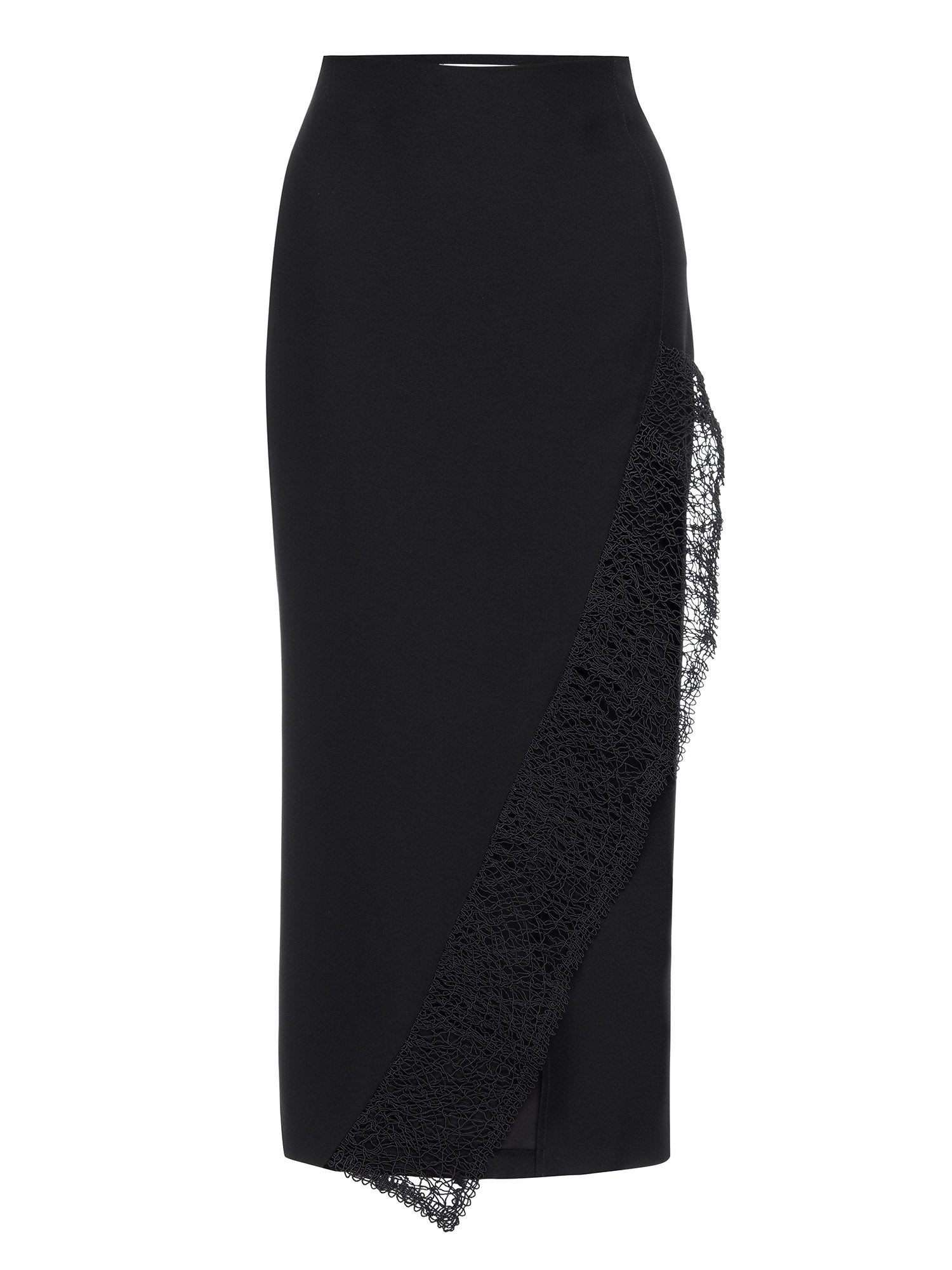 Camille black lace slit midi skirt flat view