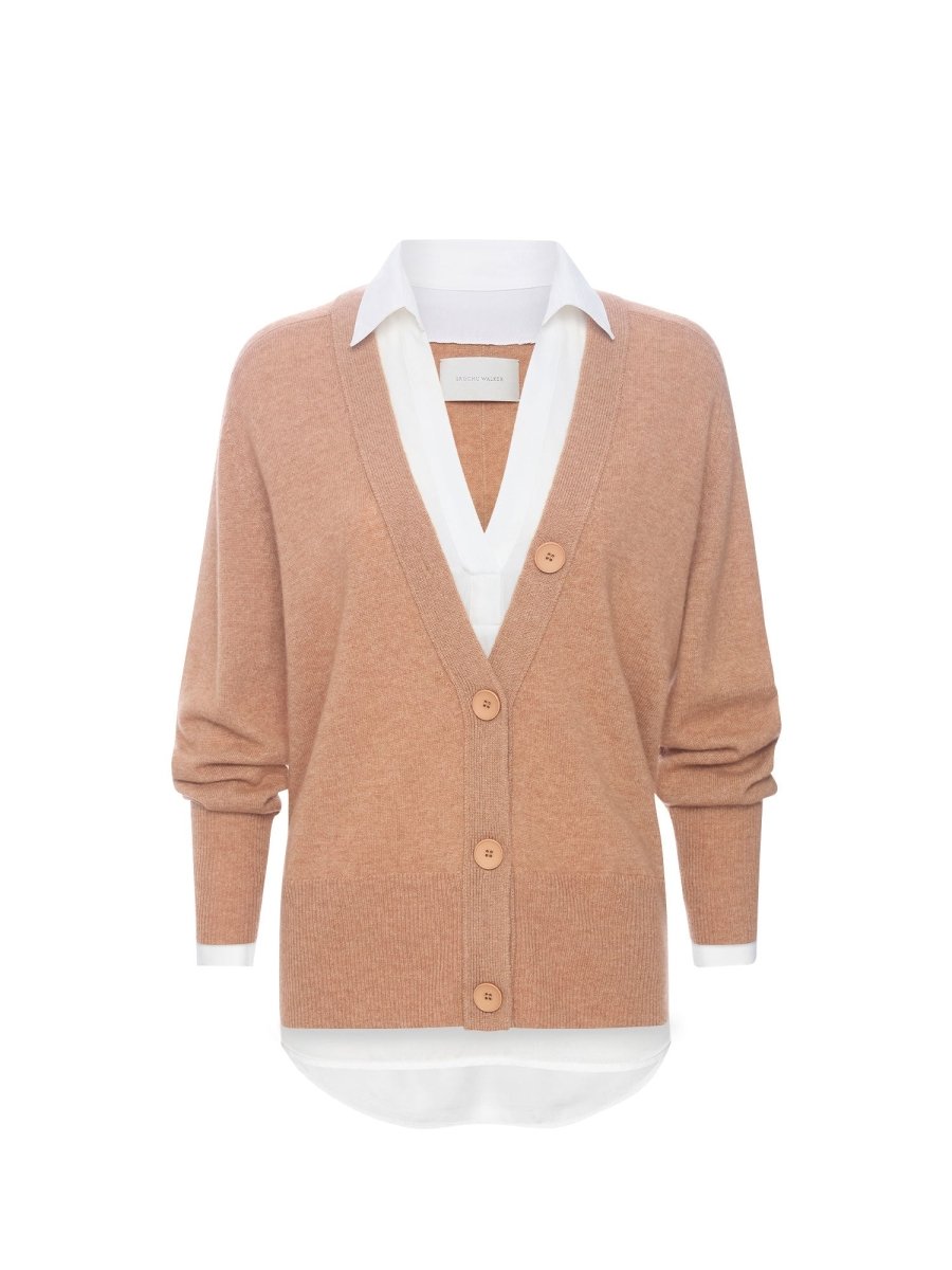 Designer women's cardigan in camel with button front and built-in white collared shirt for a layered, polished look.