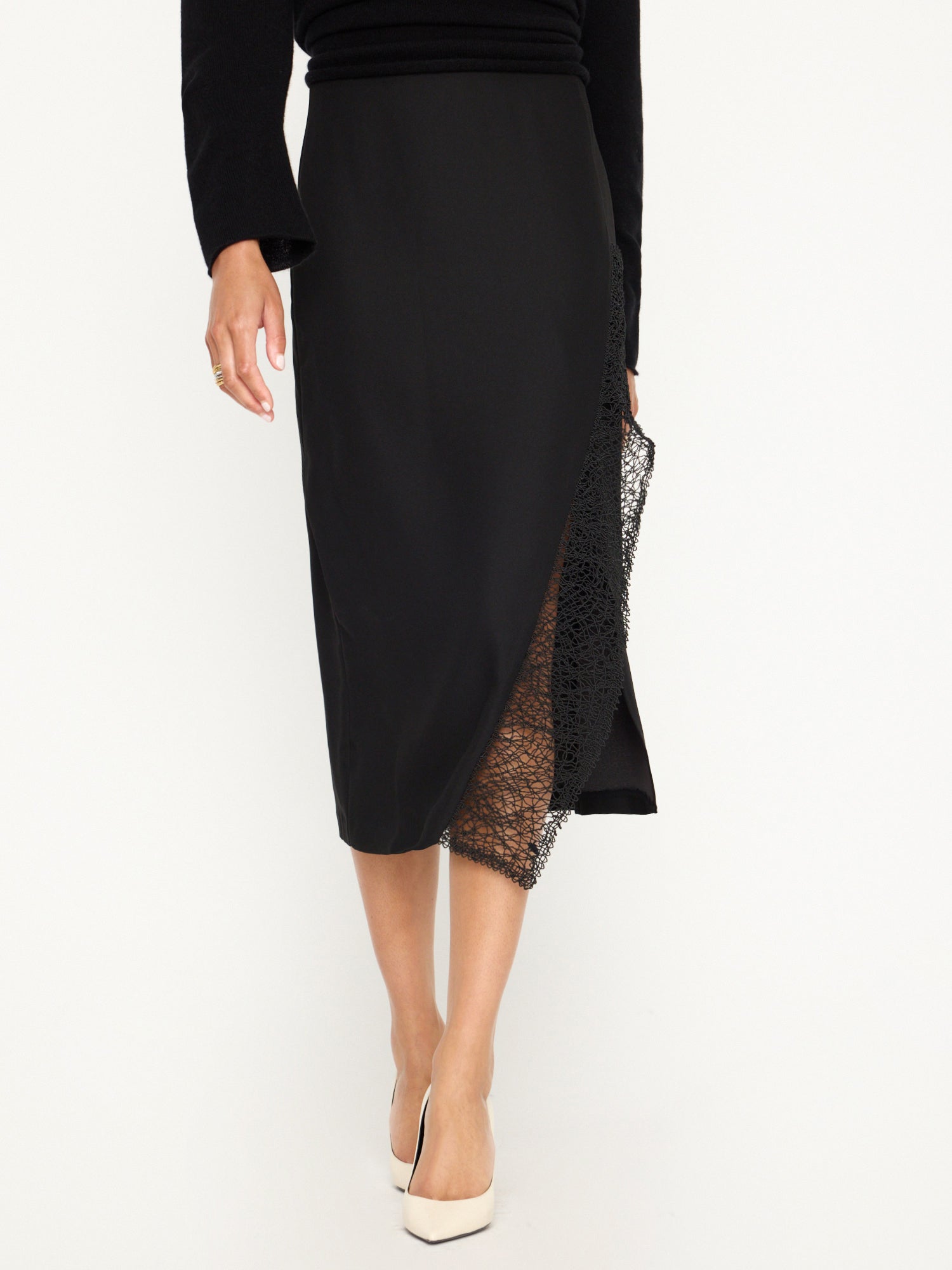 Camille black lace slit midi skirt front view