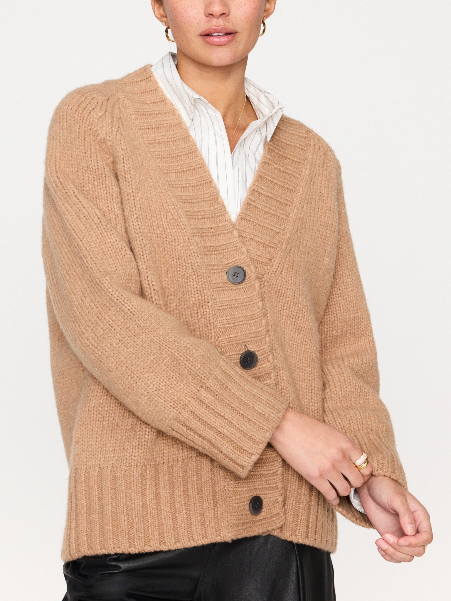 Cassian tan cardigan sweater front view 