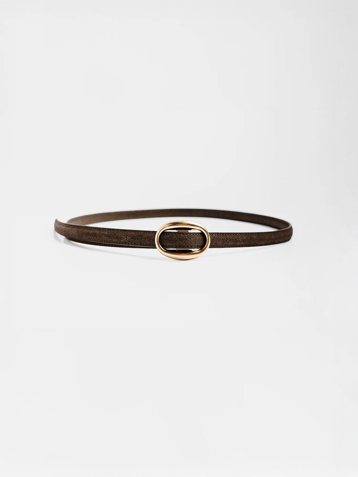 Thin brown textured leather belt with a gold oval buckle