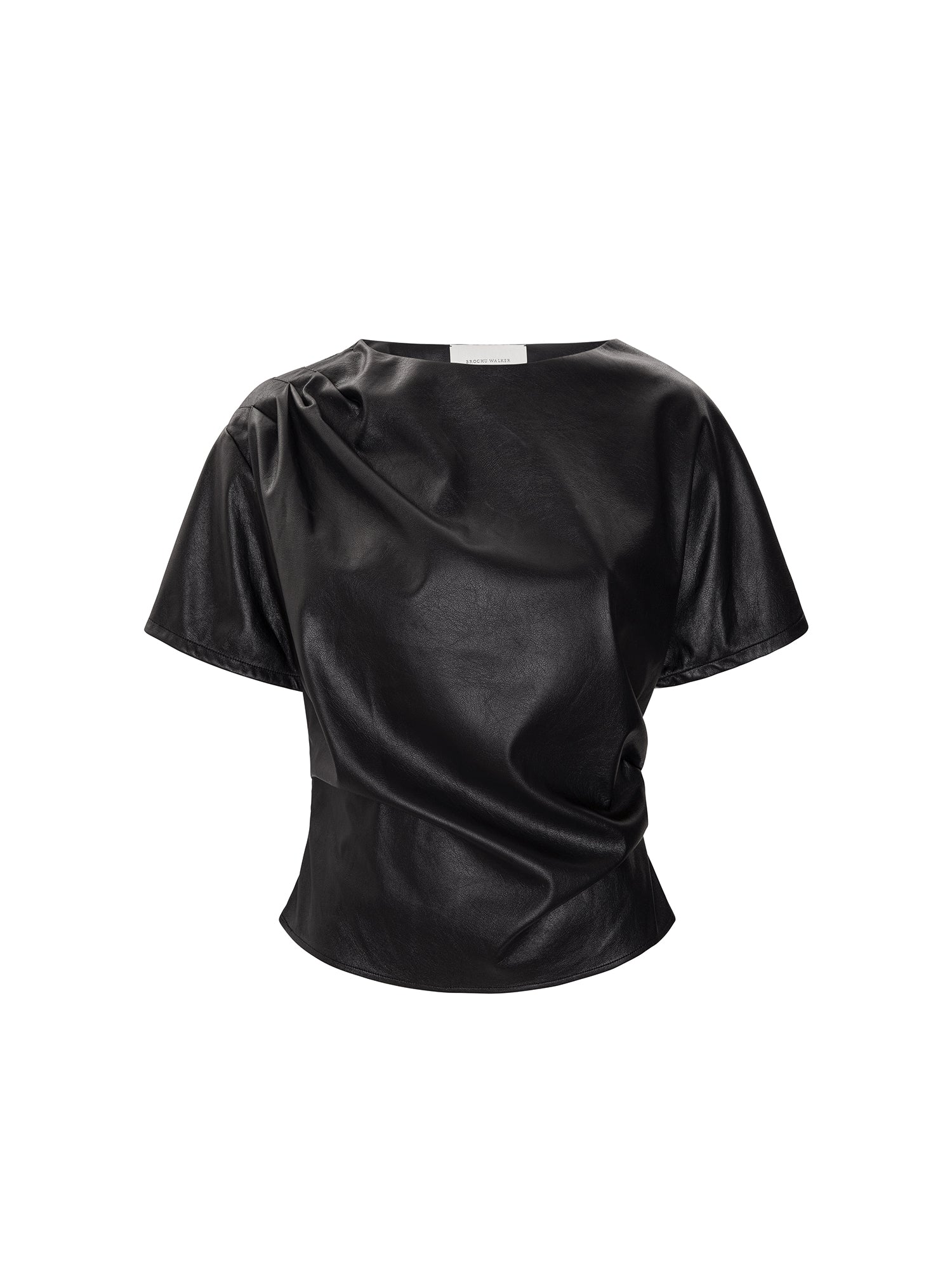 Cleo top in black onyx, a draped short-sleeve top with a satin-like finish shown on a white background.