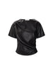 Cleo top in black onyx, a draped short-sleeve top with a satin-like finish shown on a white background.