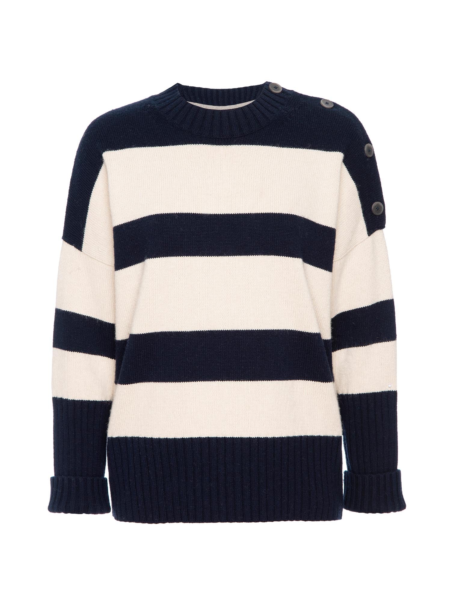 Cy navy and beige stripe crewneck sweater flat view