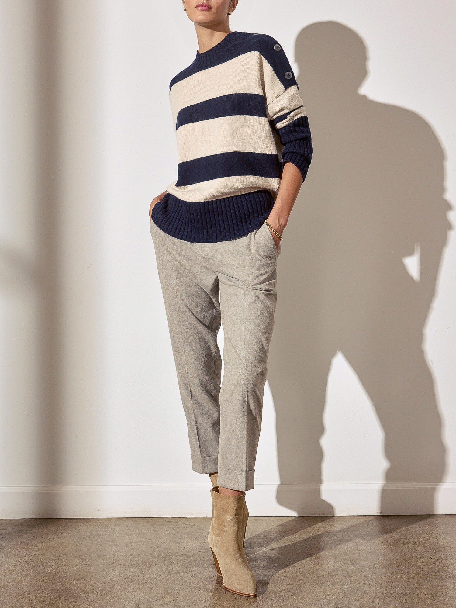 Cy navy and beige stripe crewneck sweater full view