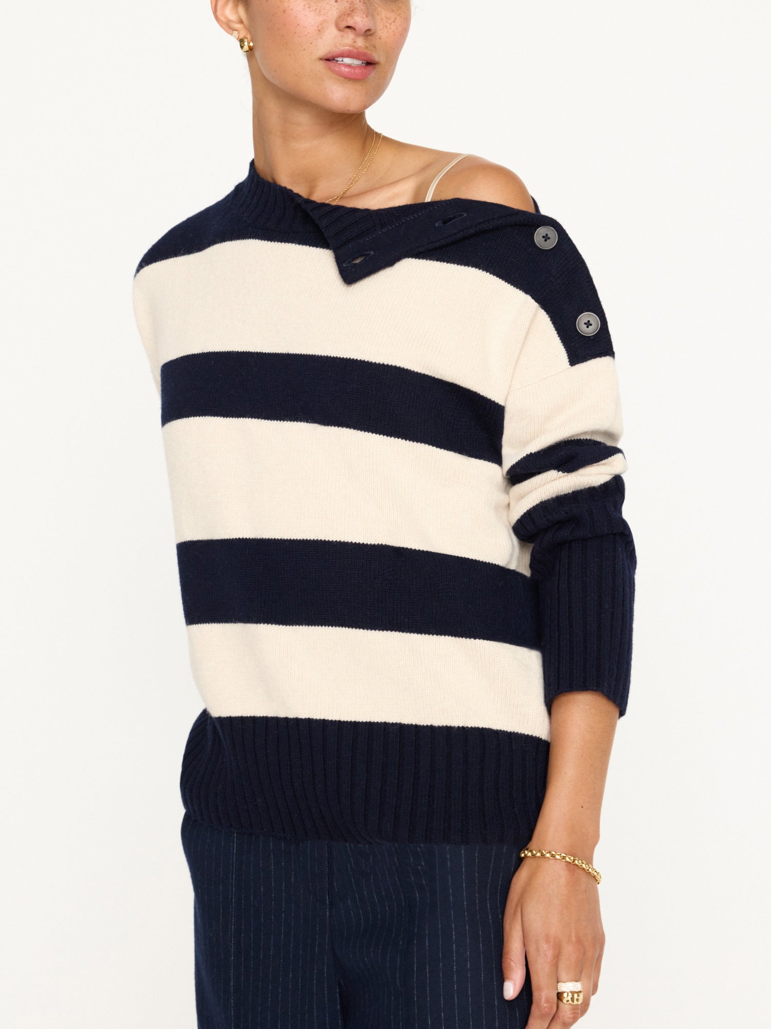 Cy navy and beige stripe crewneck sweater front view 4
