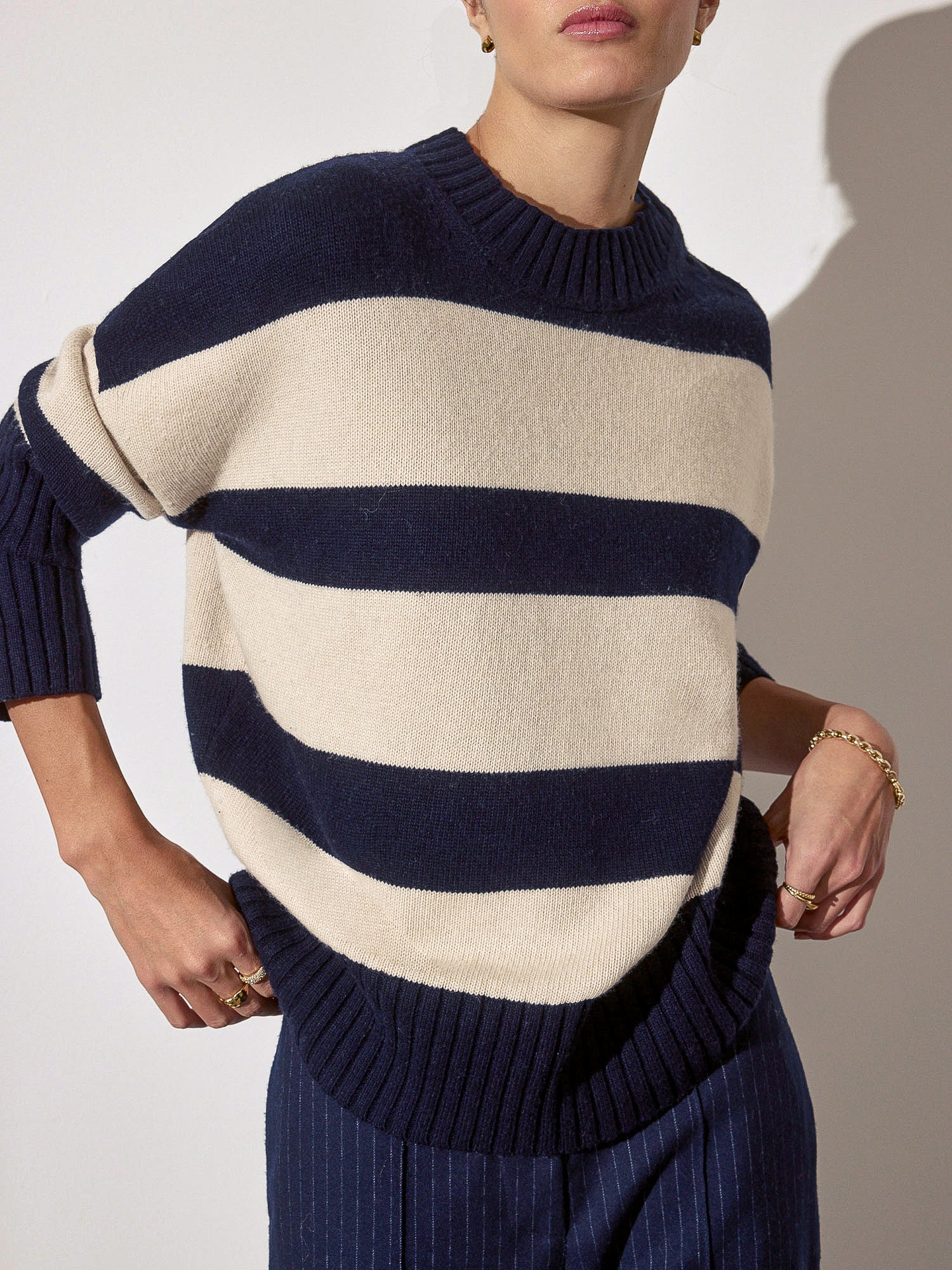 Cy navy and beige stripe crewneck sweater front view