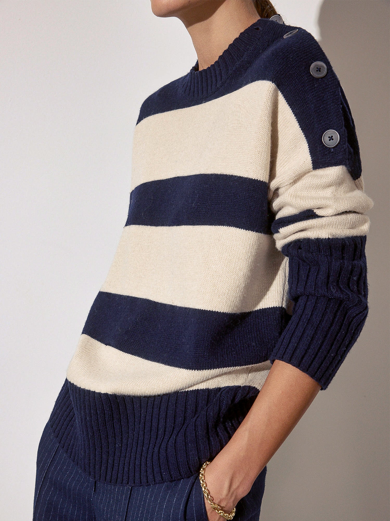 Cy navy and beige stripe crewneck sweater side view 2 