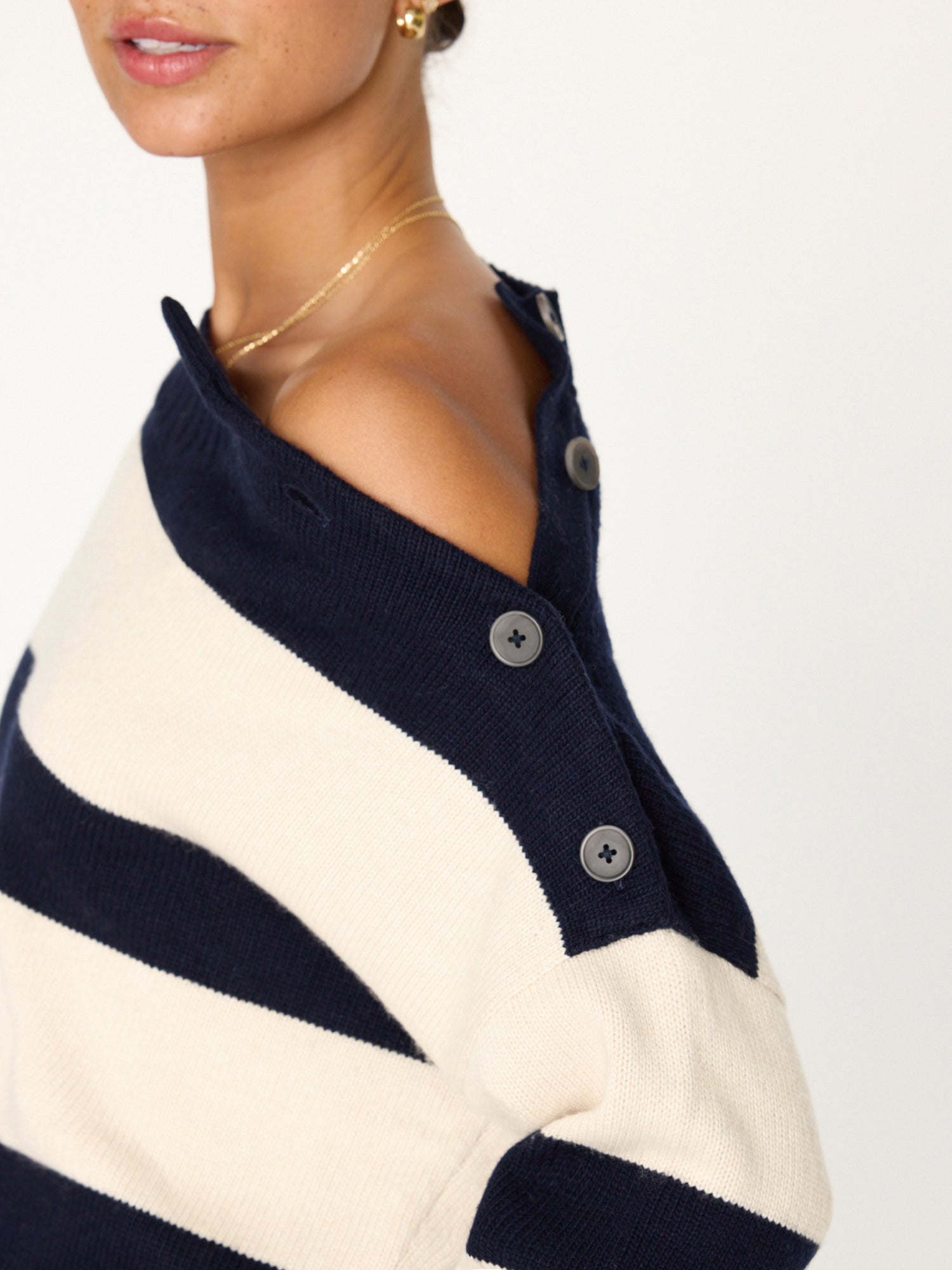 Cy navy and beige stripe crewneck sweater close up