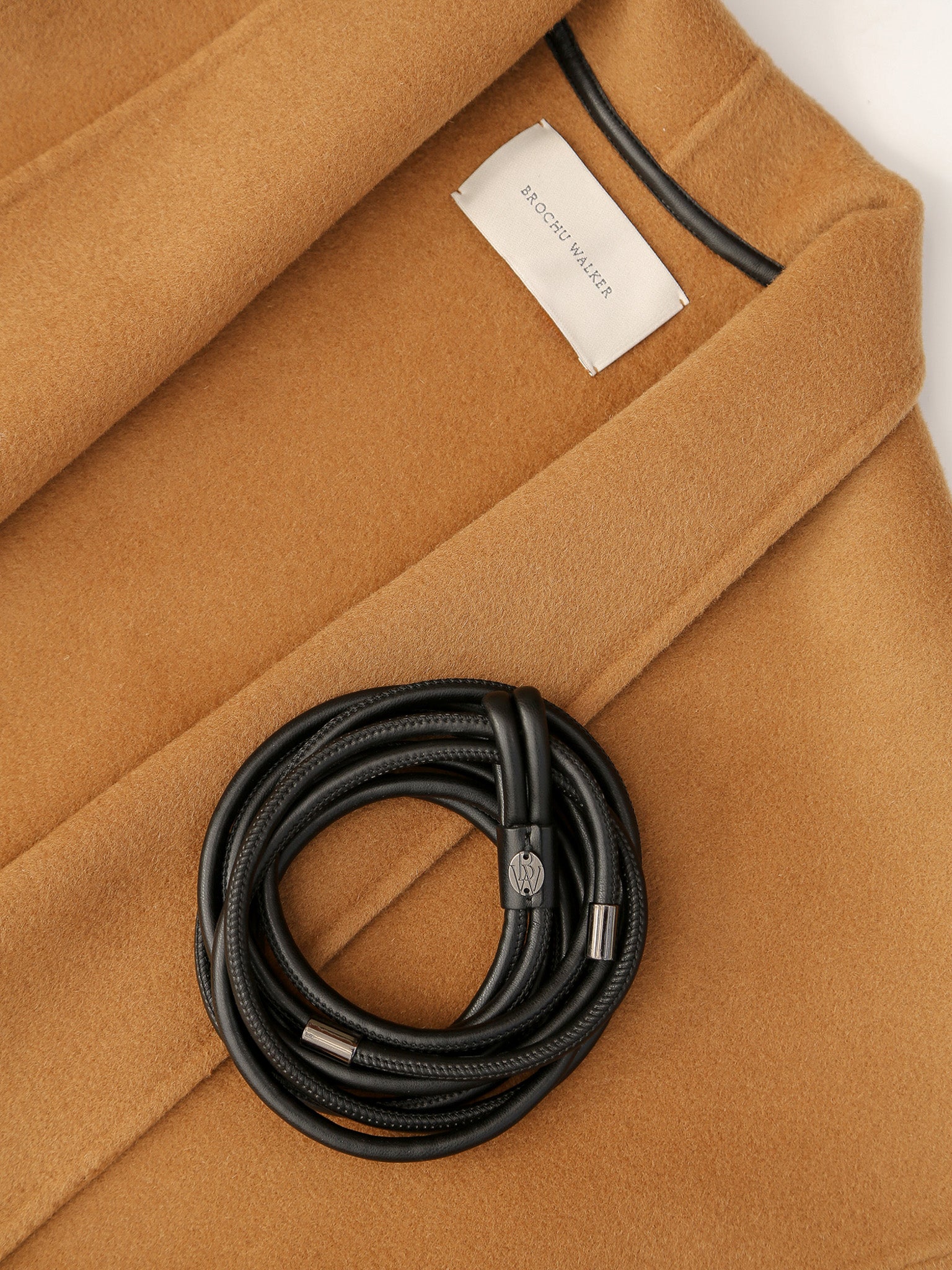 Wolsey wool tan wrap coat and belt close up