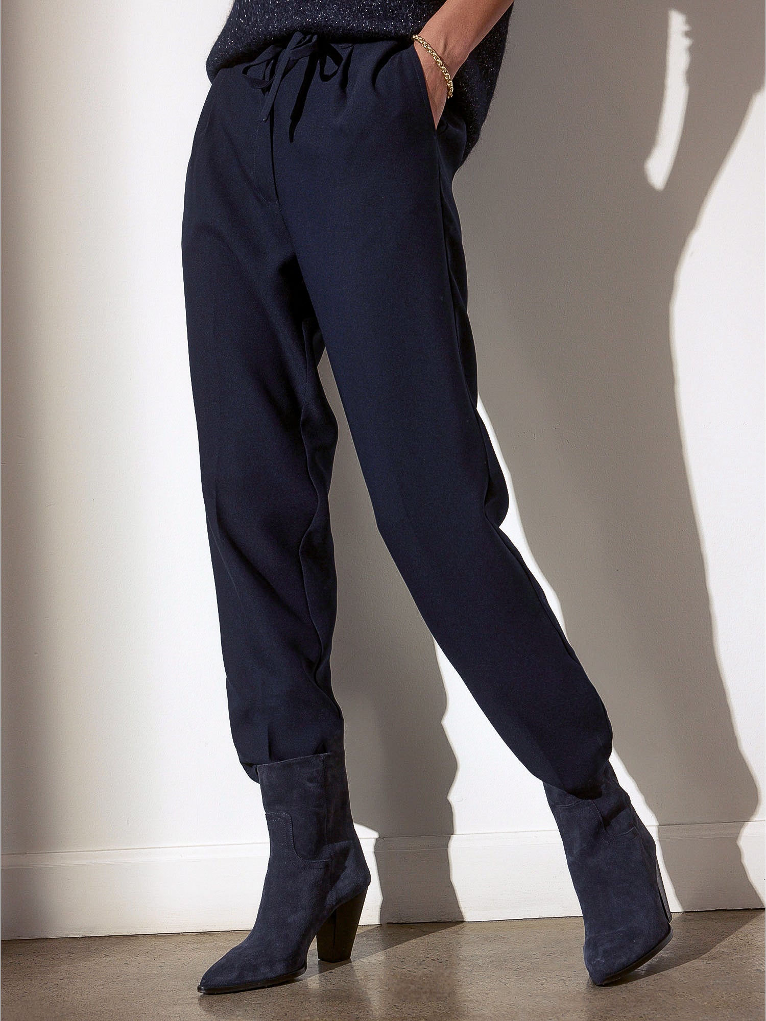 Dion navy front pleat ankle length pant side view