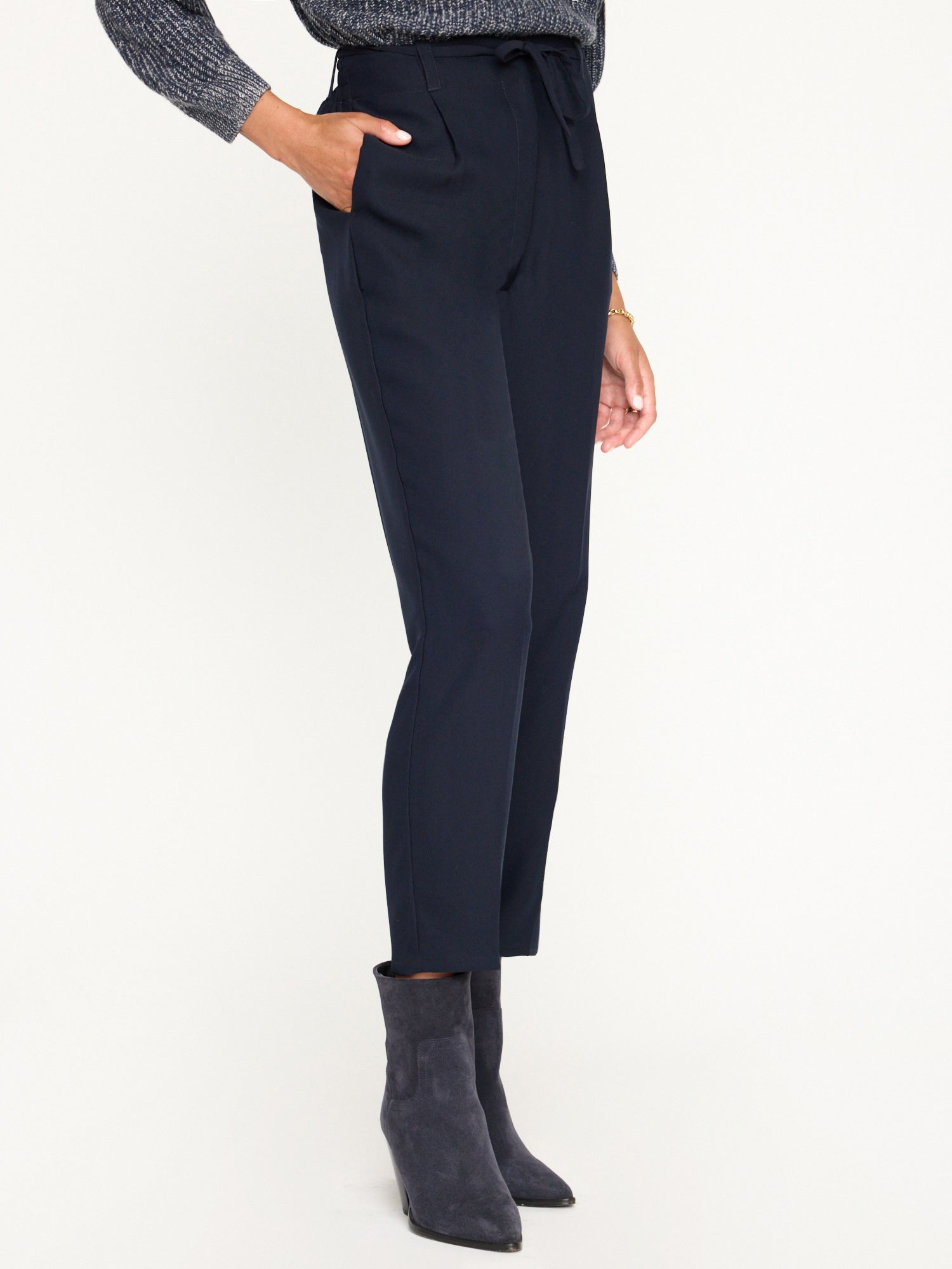 Dion navy front pleat ankle length pant side view 2