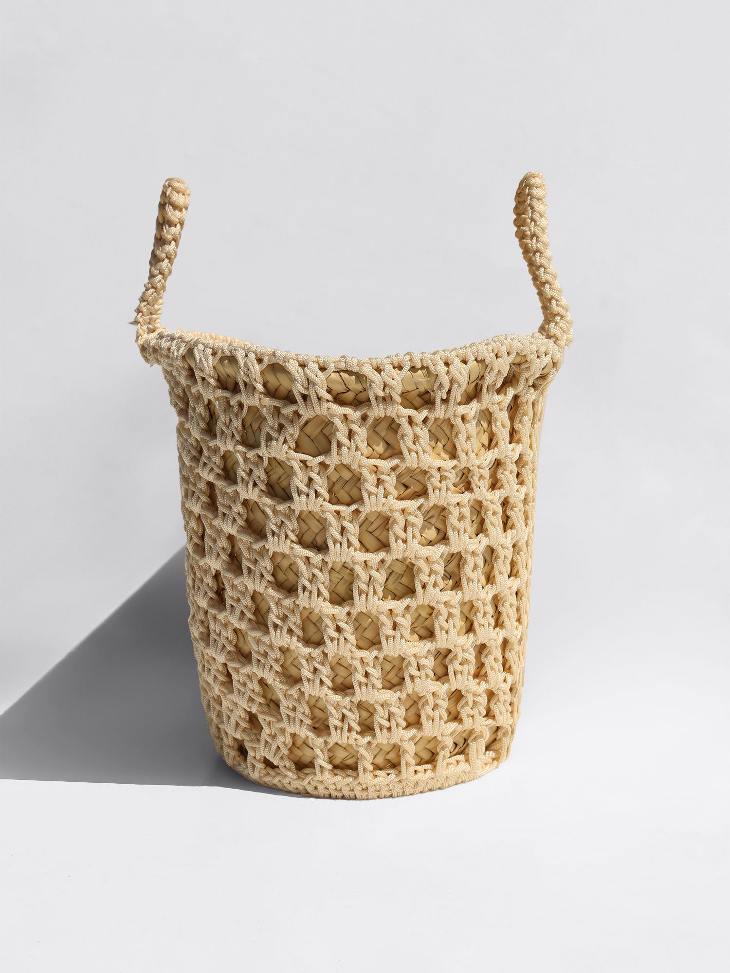 Dune crochet tan basket bag side view