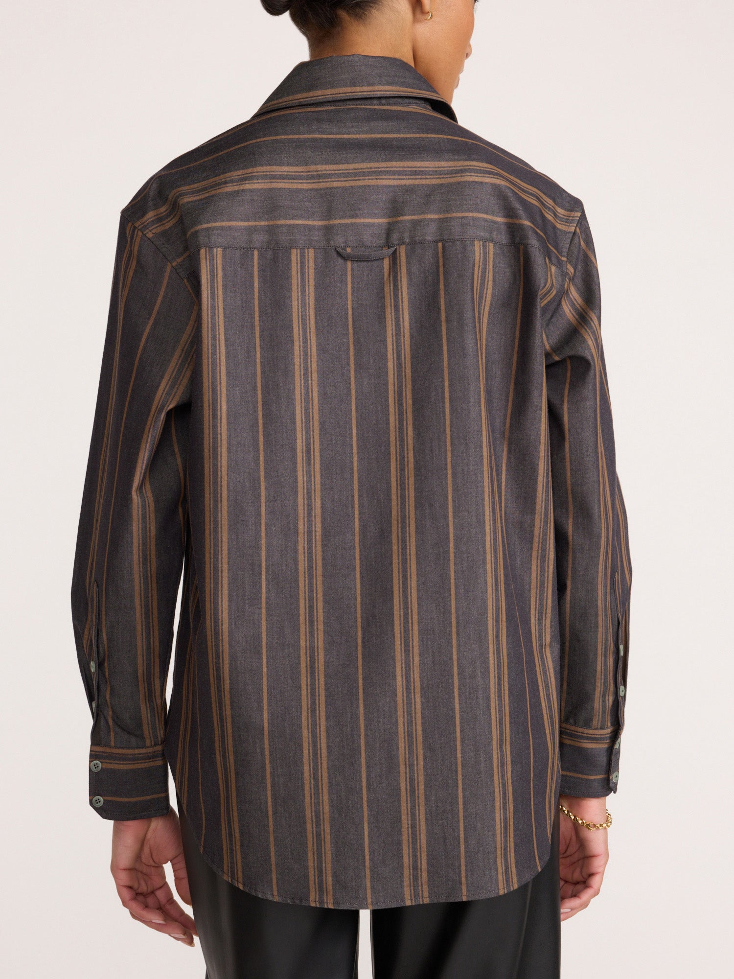 Back view of the Brochu Walker Everyday Shirt in Sedona Stripe, showing the yoke and vertical stripe pattern on charcoal cotton fabric.