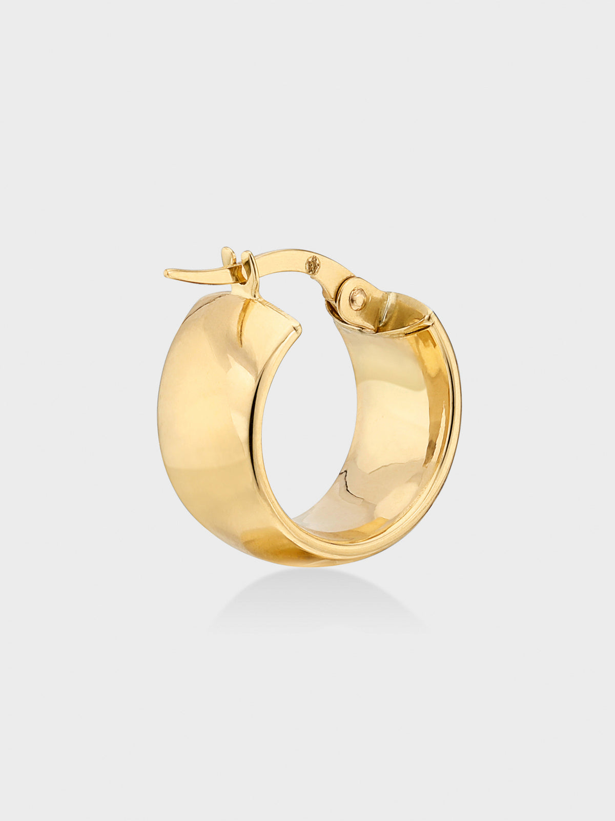 Gold mini hoop earring viewed from the side, showing the wide polished band and lever-back clasp
