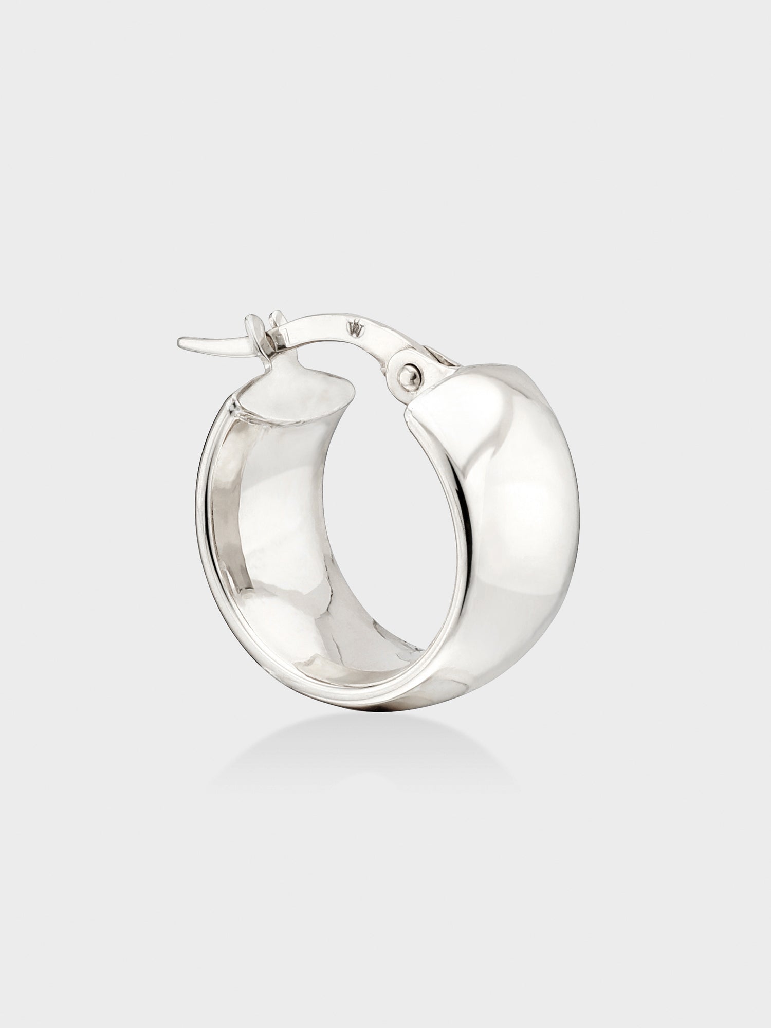 White gold mini hoop earring viewed from the side, showing the rounded band and lever-back clasp