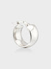 White gold mini hoop earring viewed from the side, showing the rounded band and lever-back clasp
