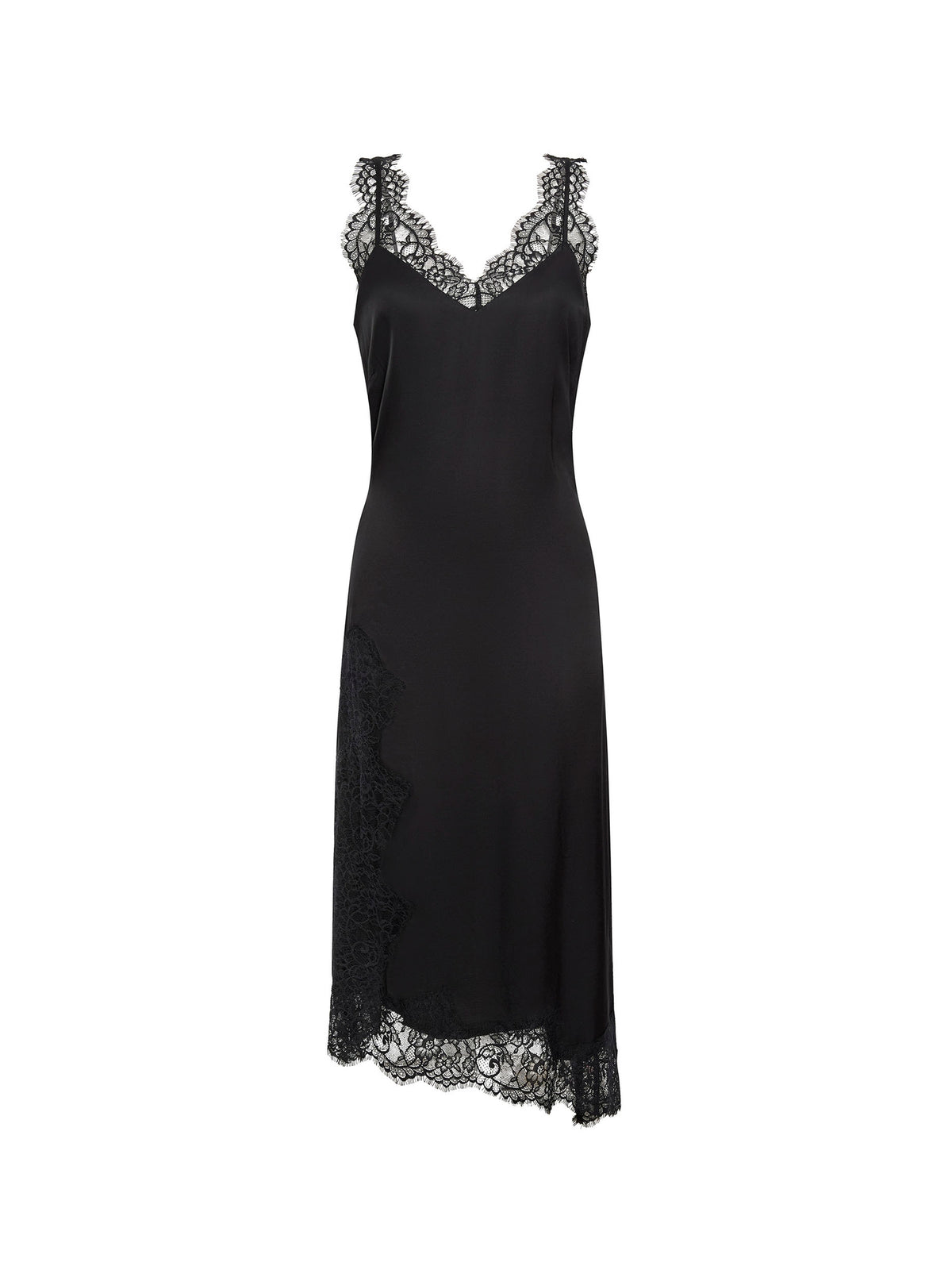 Woman wearing a black midi slip dress with lace trim at the neckline and hem against a white background
