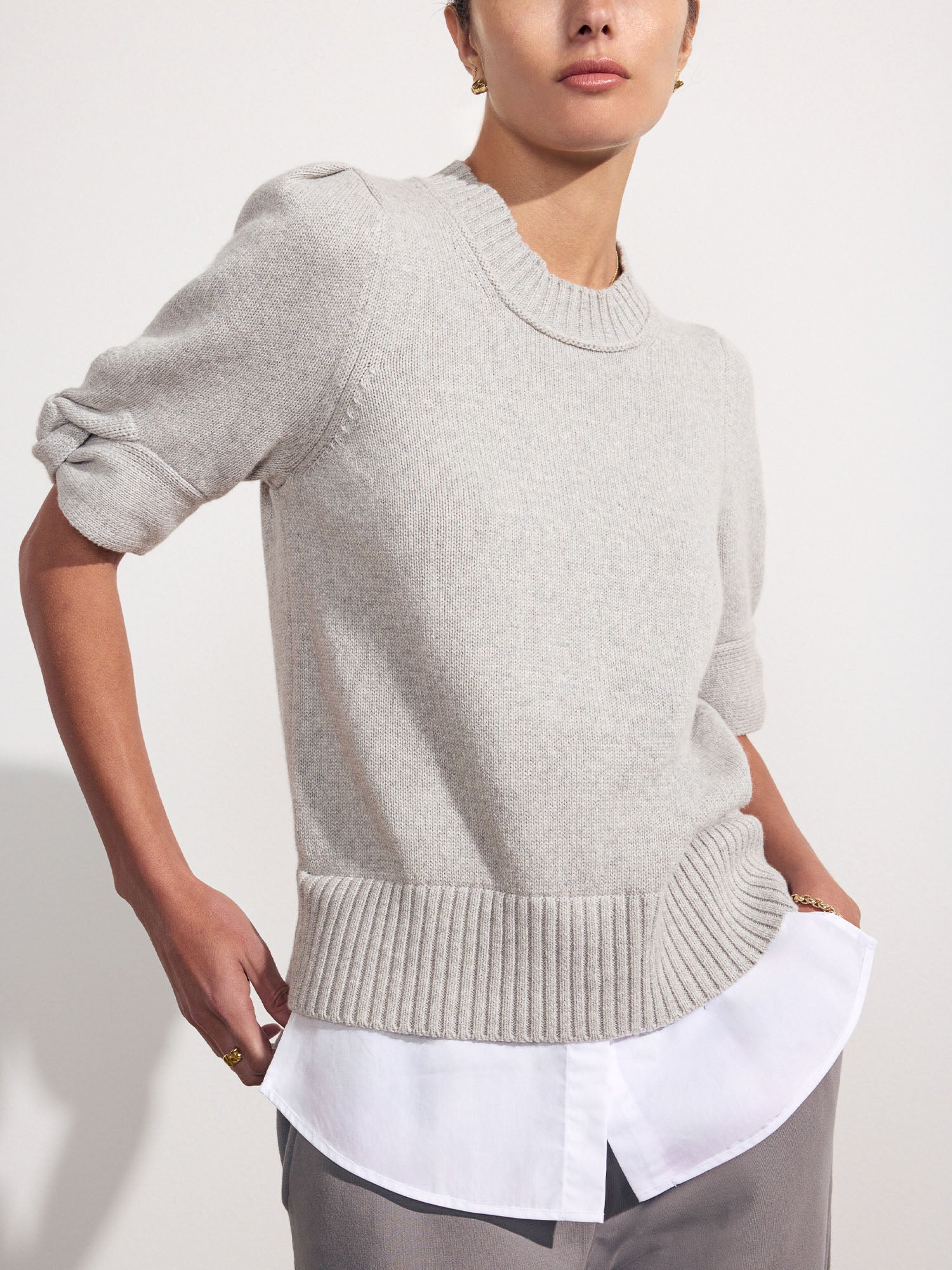 Emme layered knot sleeve crewneck grey sweater front view 