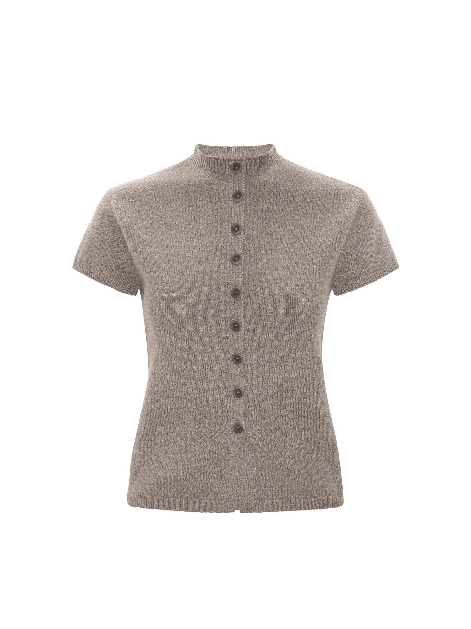 Emmy cardigan in otter melange, a short-sleeve knit top with a mock neck and button-front closure, shown on a white background.