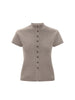 Emmy cardigan in otter melange, a short-sleeve knit top with a mock neck and button-front closure, shown on a white background.