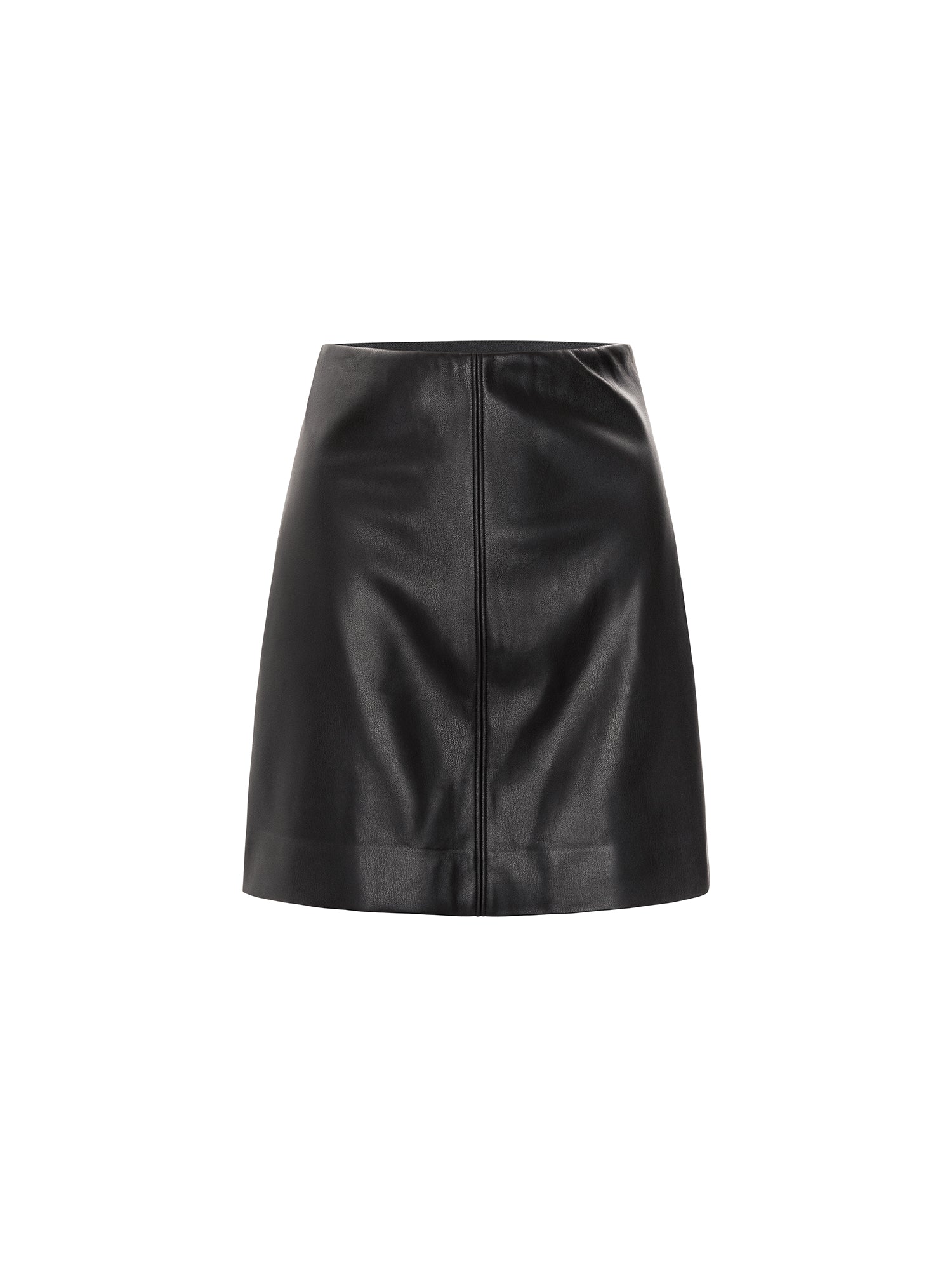 Emse mini skirt in black onyx, a faux-leather A-line skirt with a front zipper shown on a white background.