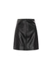 Emse mini skirt in black onyx, a faux-leather A-line skirt with a front zipper shown on a white background.