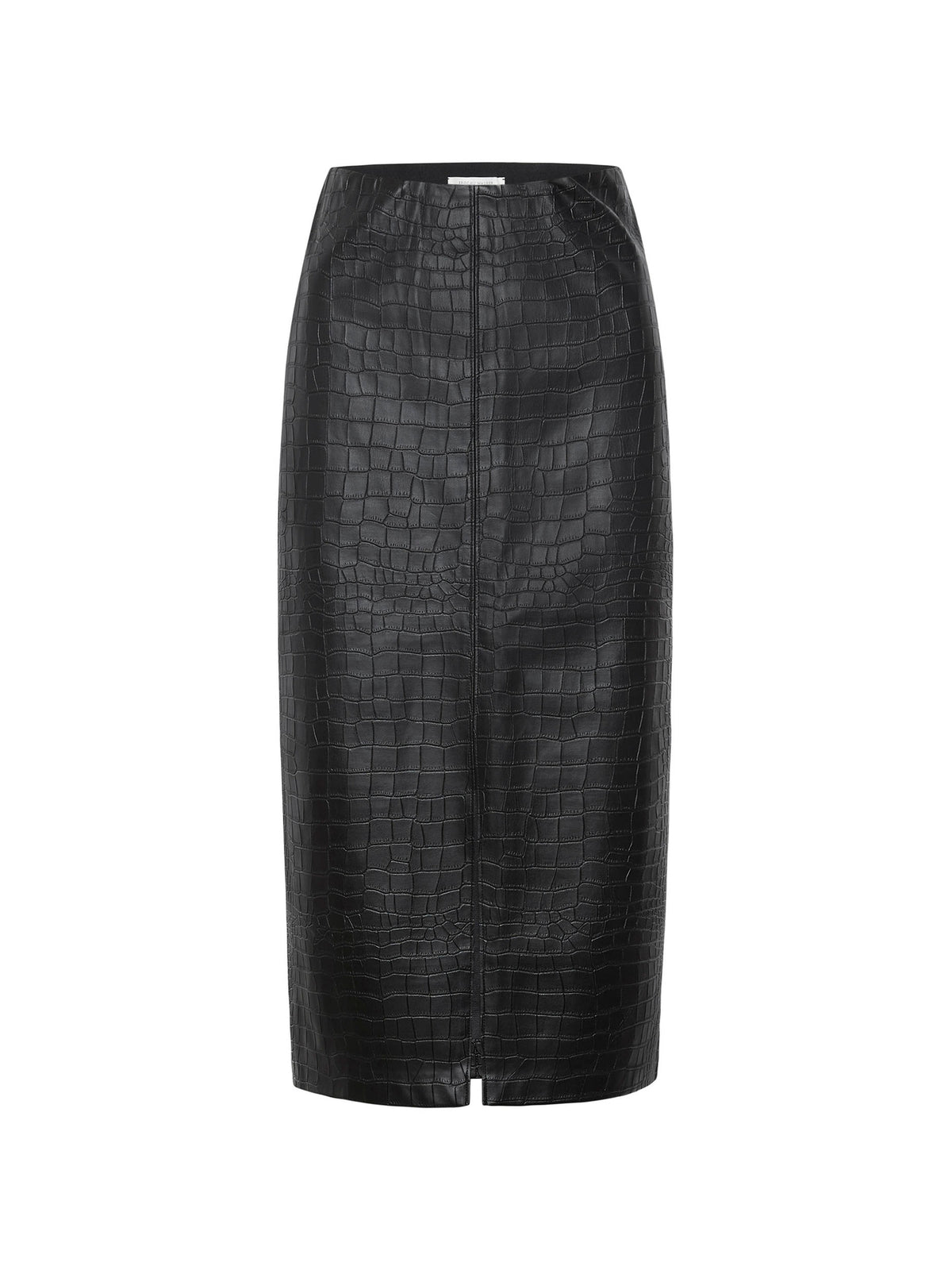 Front view of a woman wearing a women's black croc-embossed leather midi skirt with a front slit and ankle-strap heels