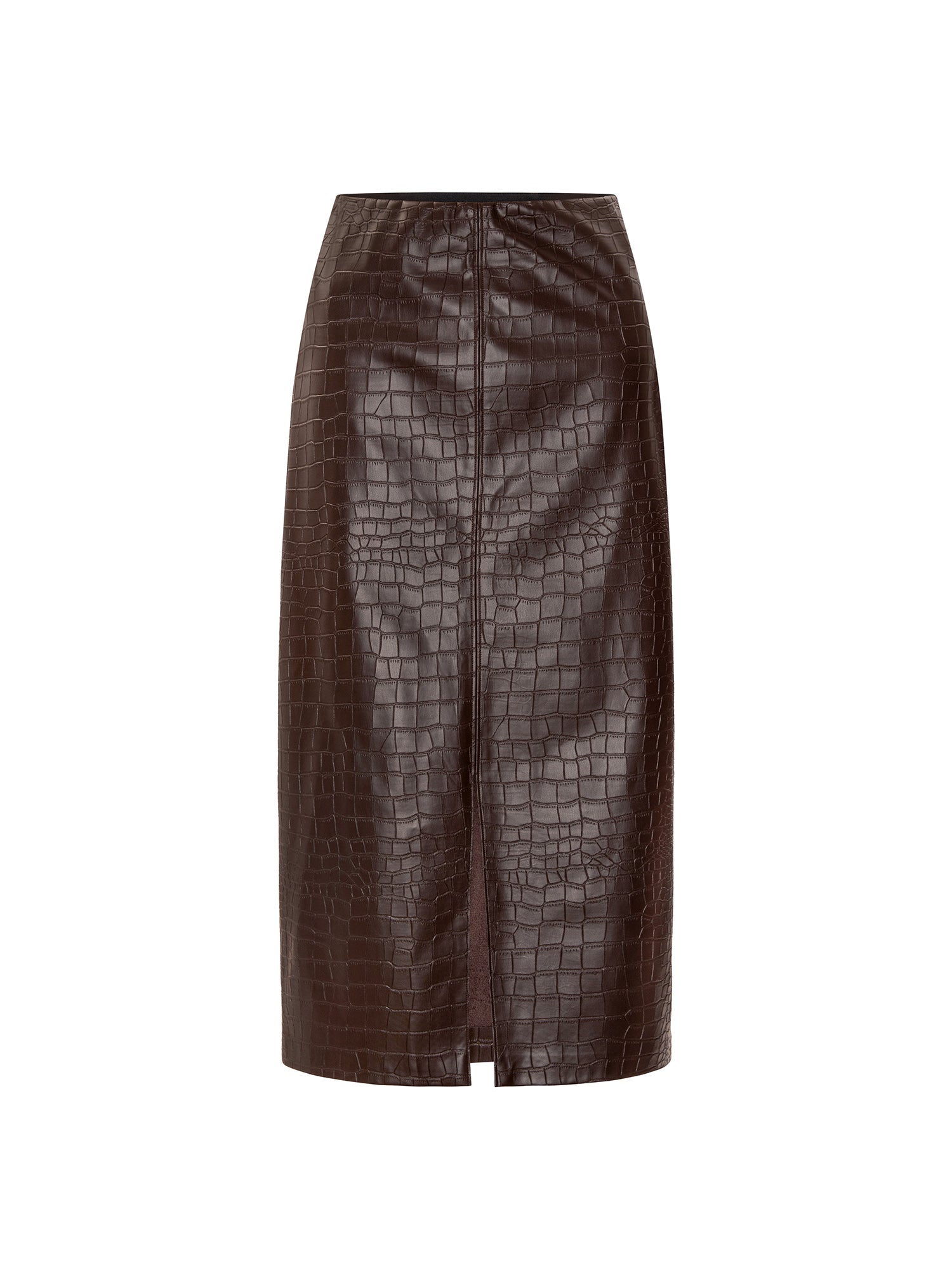 Vegan croco-embossed pencil skirt in carob, flat lay product shot on white background