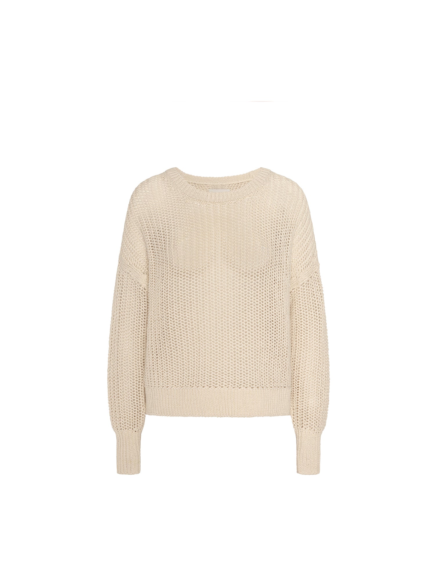 Ecru Everyday Pointelle Bright Crew, a cropped open-knit designer sweater with a crewneck and ribbed cuffs, on a white background.